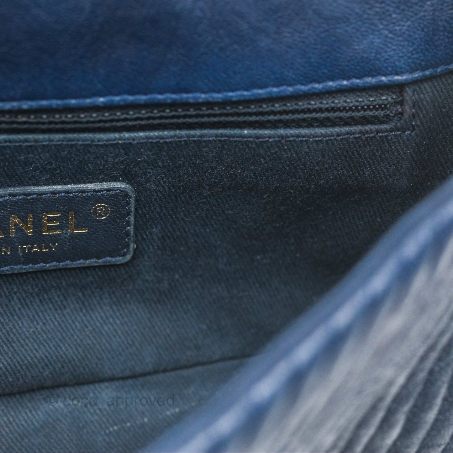 Chanel Small Chevron Surpique Flap Navy Calfskin Aged Gold Hardware