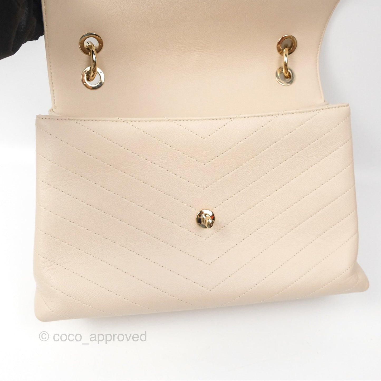 Chanel Large Chevron Chic Top Handle Bag Light Beige Grained Calfskin Gold Hardware