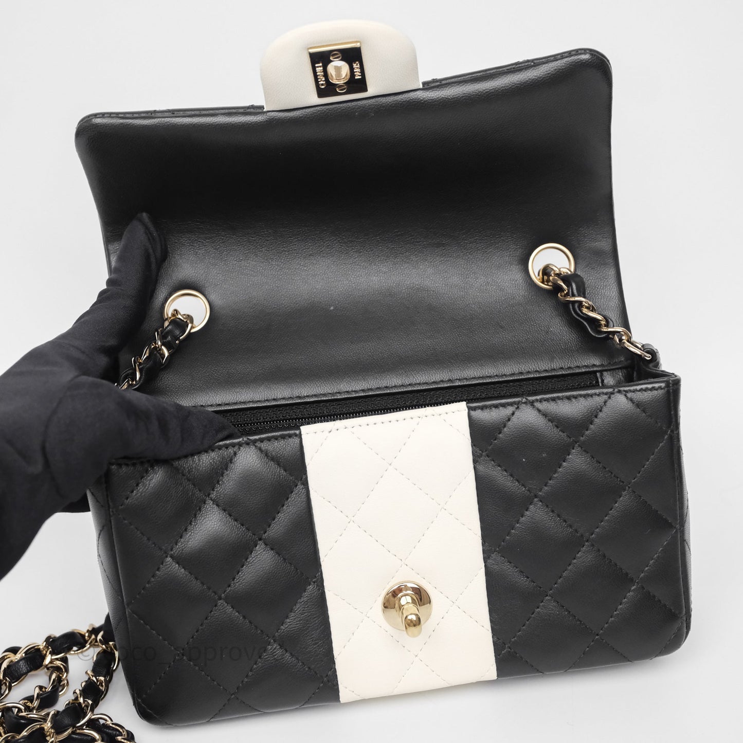 Chanel Mini Rectangular Flap Quilted Black White Lambskin Gold Hardware