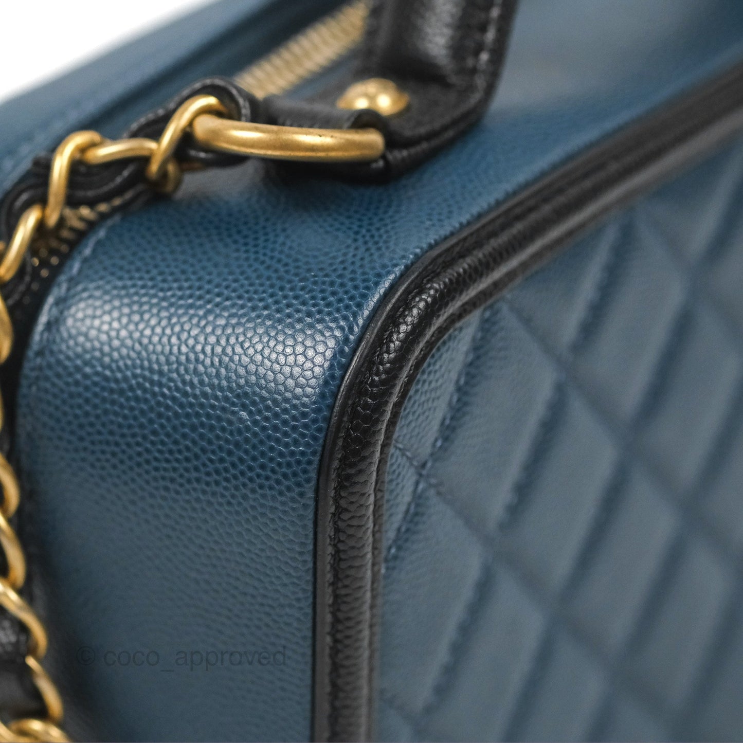 Chanel Quilted Medium CC Filigree Vanity Case Navy Black Caviar Aged Gold Hardware