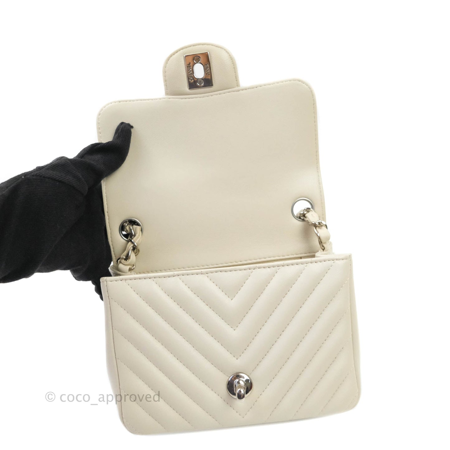 Chanel Mini Square Chevron Ivory Cream Lambskin Silver Hardware