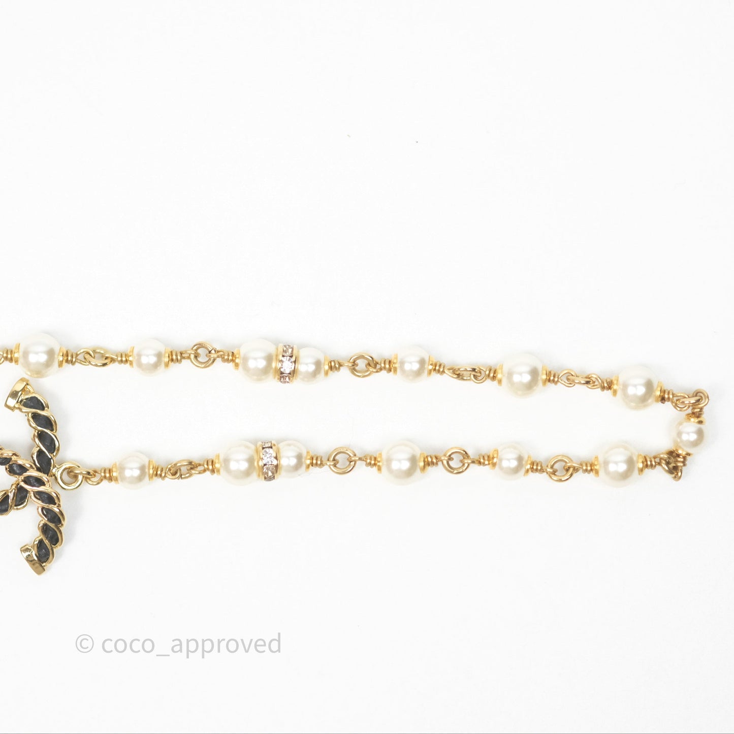 Chanel Black Leather CC Pearl Crystal Necklace Gold Tone 24K