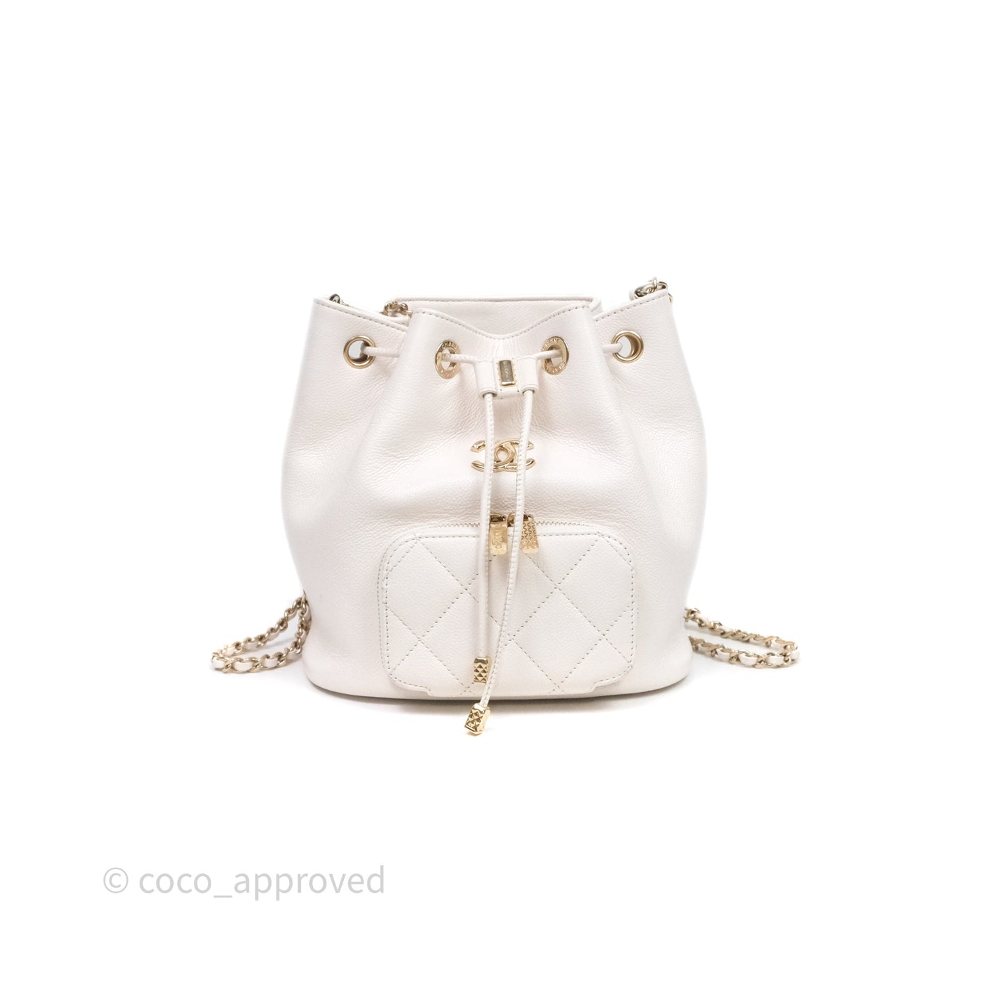 Chanel Business Affinity Drawstring Bucket Bag White Caviar Gold Hardware