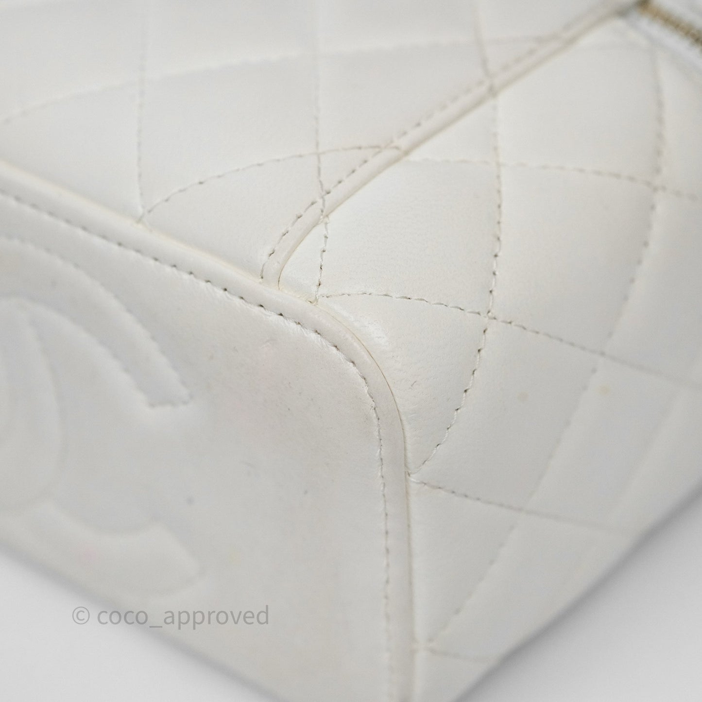 Chanel Logo Crystals Top Handle Vanity Rectangular White Lambskin Gold Hardware