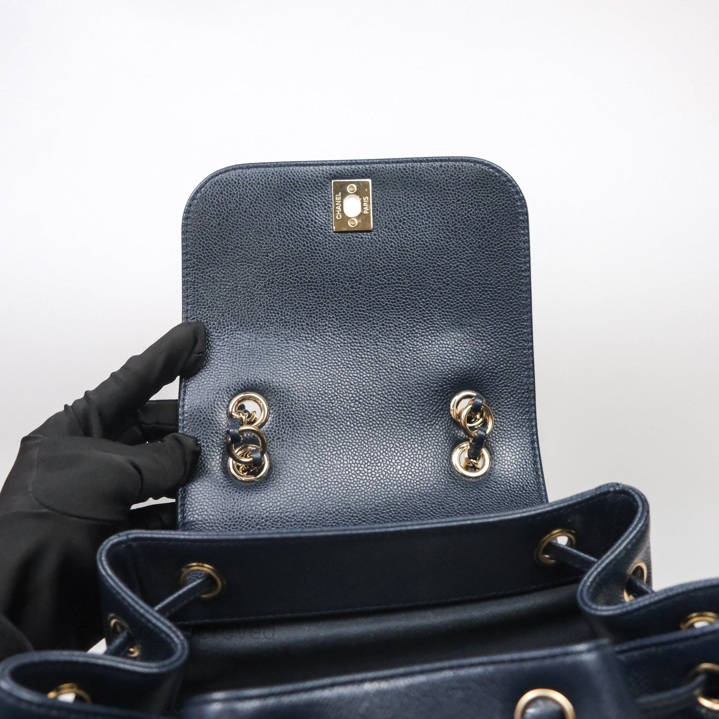 Chanel Quilted Business Affinity Backpack Navy Caviar Light Gold Hardware