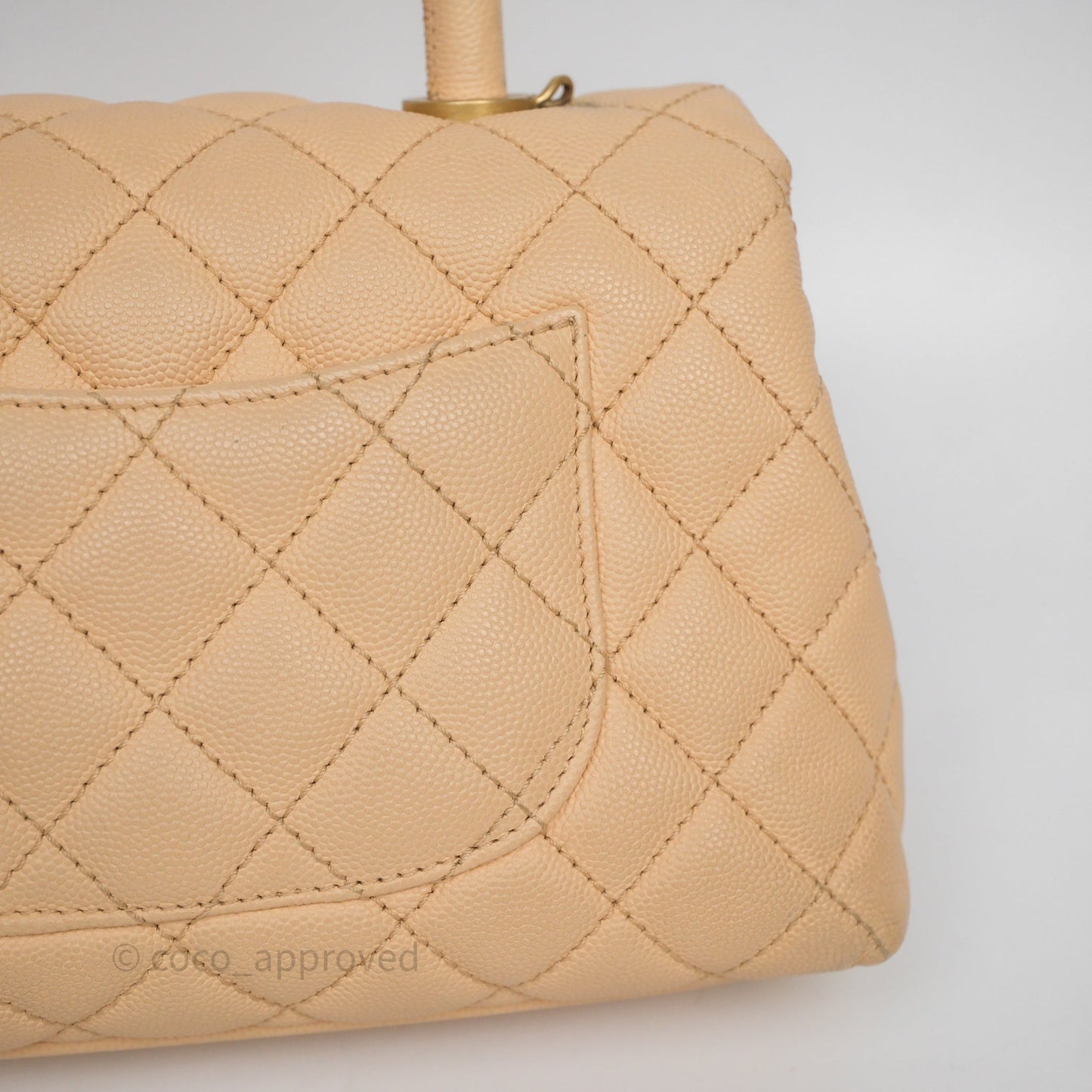 Chanel Small Coco Handle Quilted Beige Caviar Aged Gold Hardware