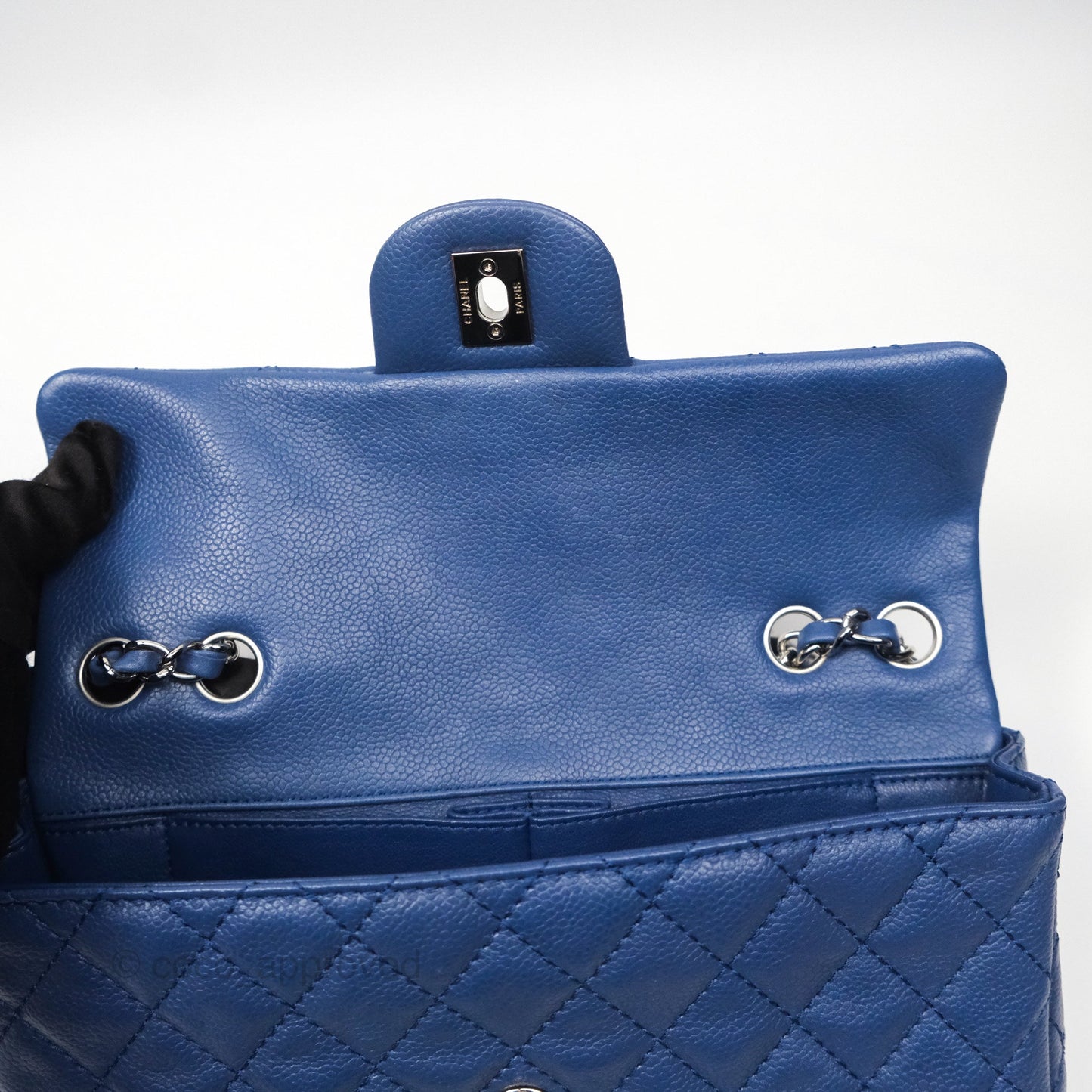 Chanel Quilted East West Flap Bag Blue Caviar Silver Hardware