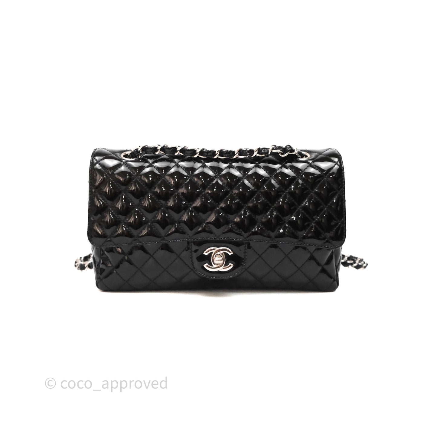 Chanel Quilted Medium Flap Black Patent Silver Hardware