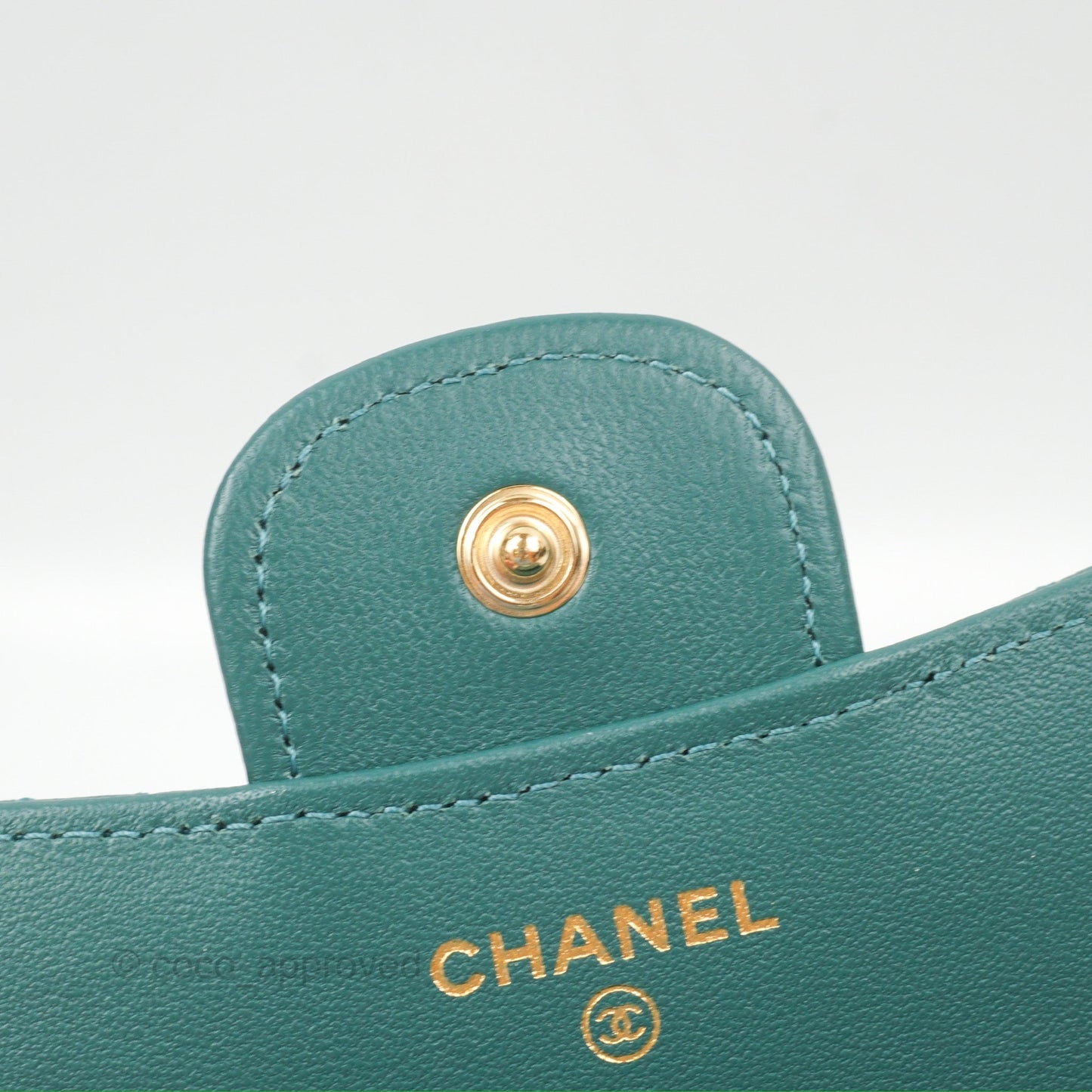 Chanel Mini Handle Flap Coin Purse With Chain Teal Green Lambskin Aged Gold Hardware