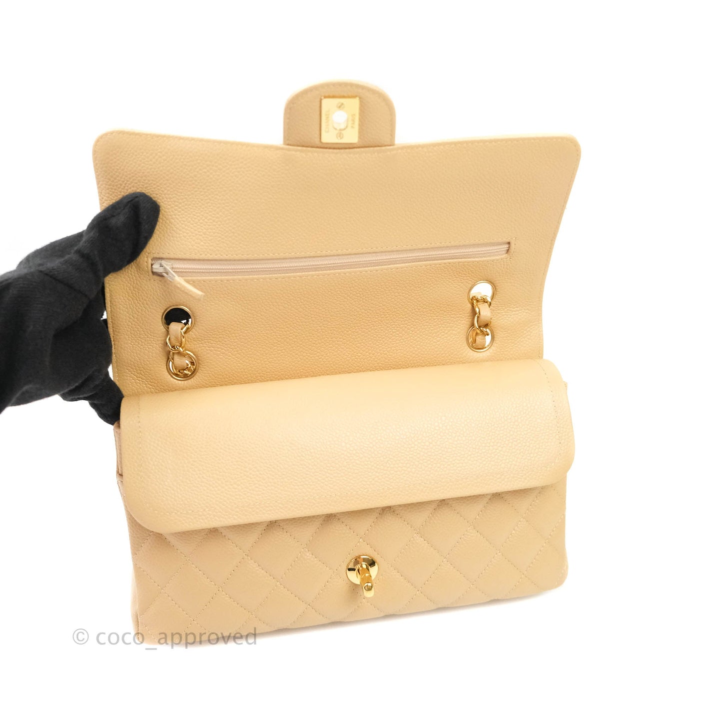 Chanel Classic M/L Medium Double Flap Beige Caviar Gold Hardware