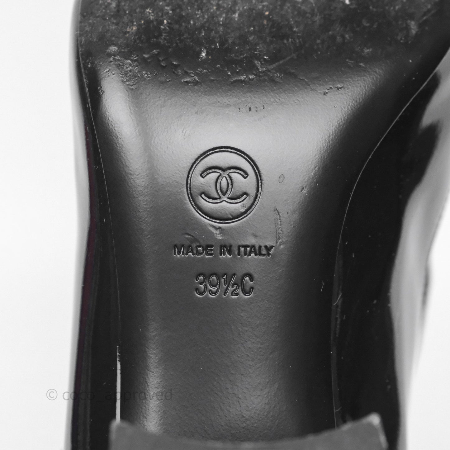 Chanel CC Ribbon Mary Jane Block Heels Black Patent 24C Size 39.5