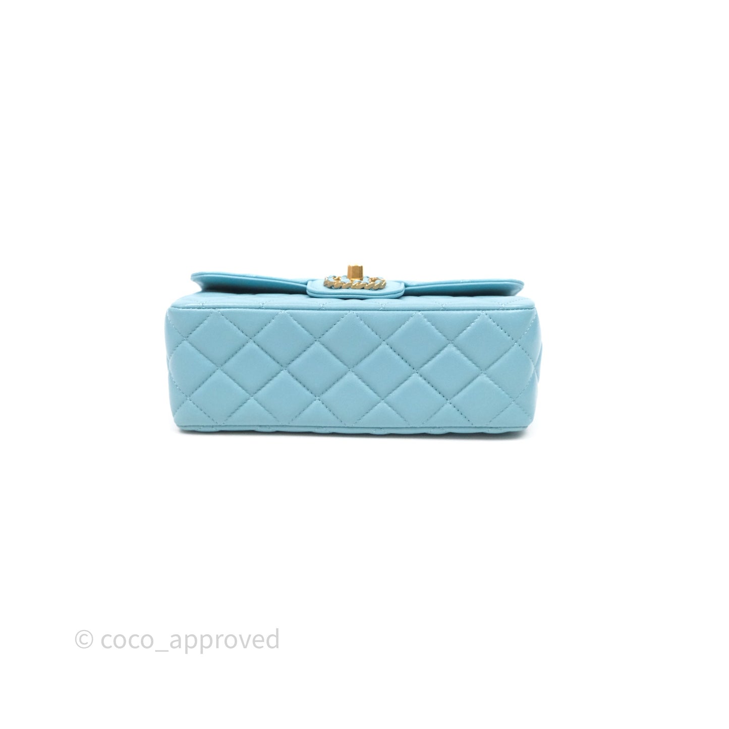 Chanel Flap Bag with Crystal Logo Top Handle Tiffany Blue Lambskin Aged Gold Hardware