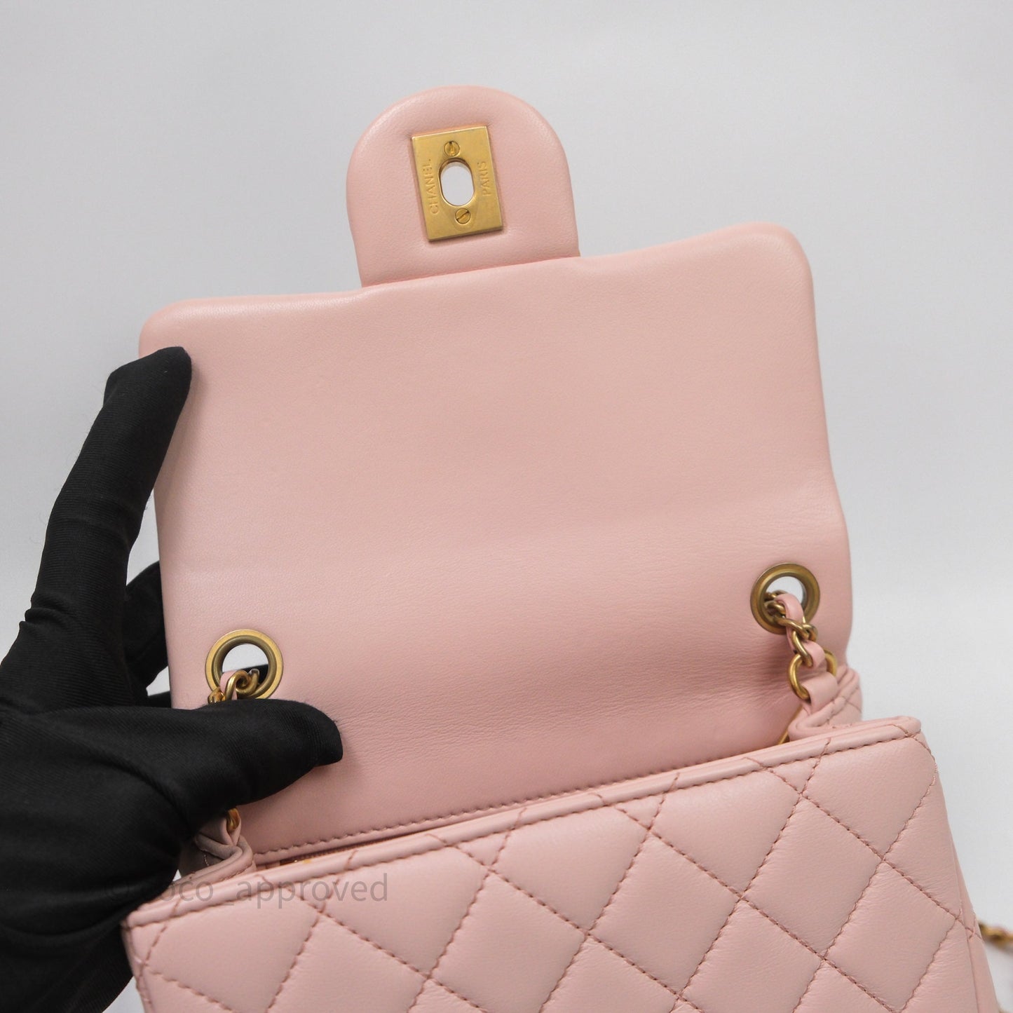 Chanel Pearl Crush Mini Square Quilted Pink Lambskin Aged Gold Hardware