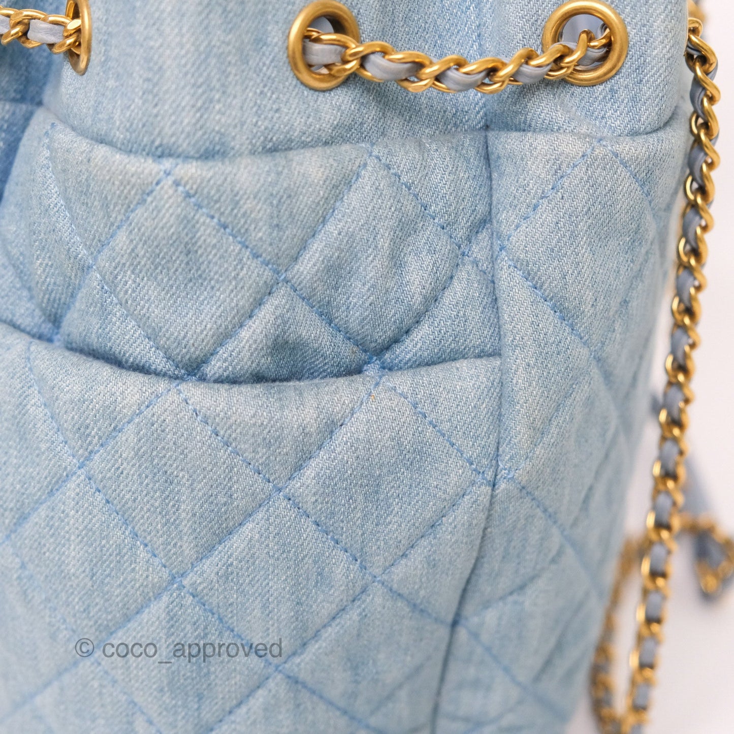 Chanel Drawstring Bucket Bag Denim Blue Aged Gold Hardware