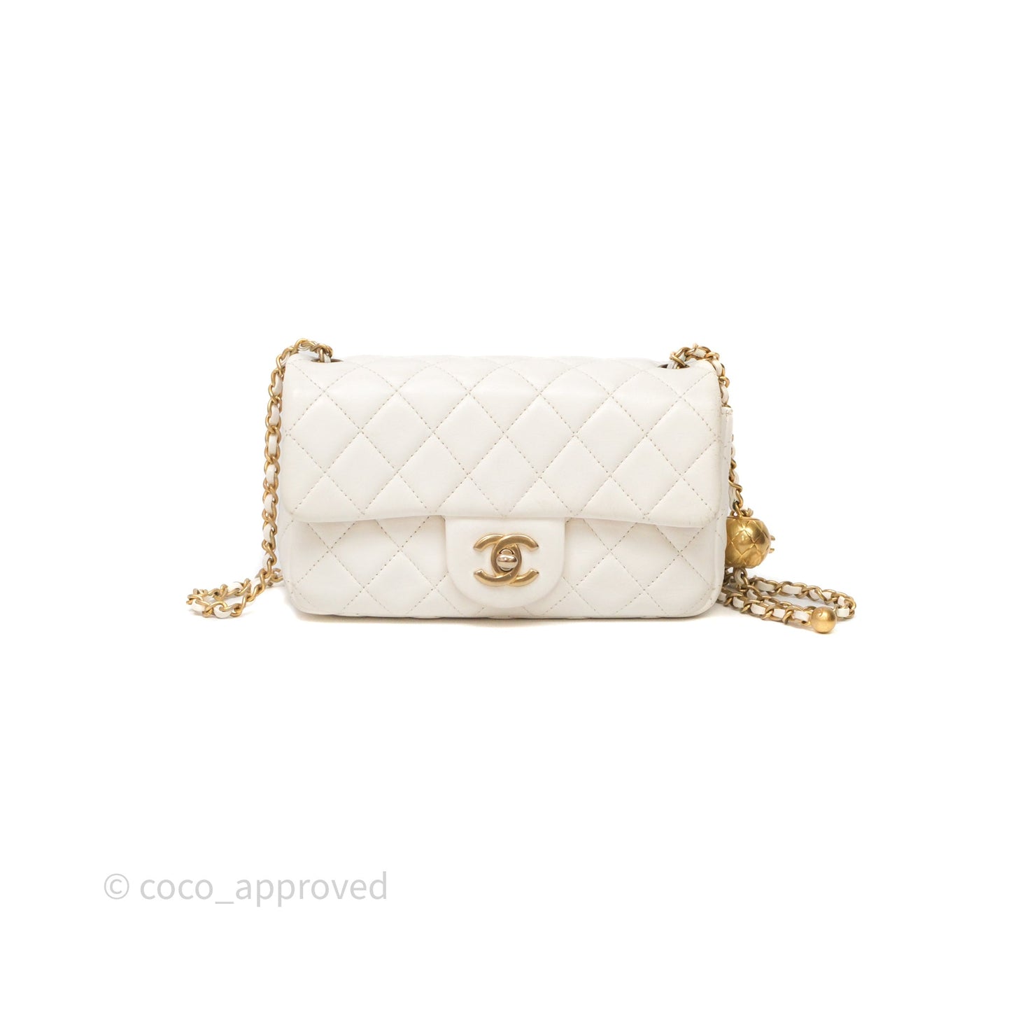 Chanel Mini Rectangular Pearl Crush Quilted White Lambskin Aged Gold Hardware