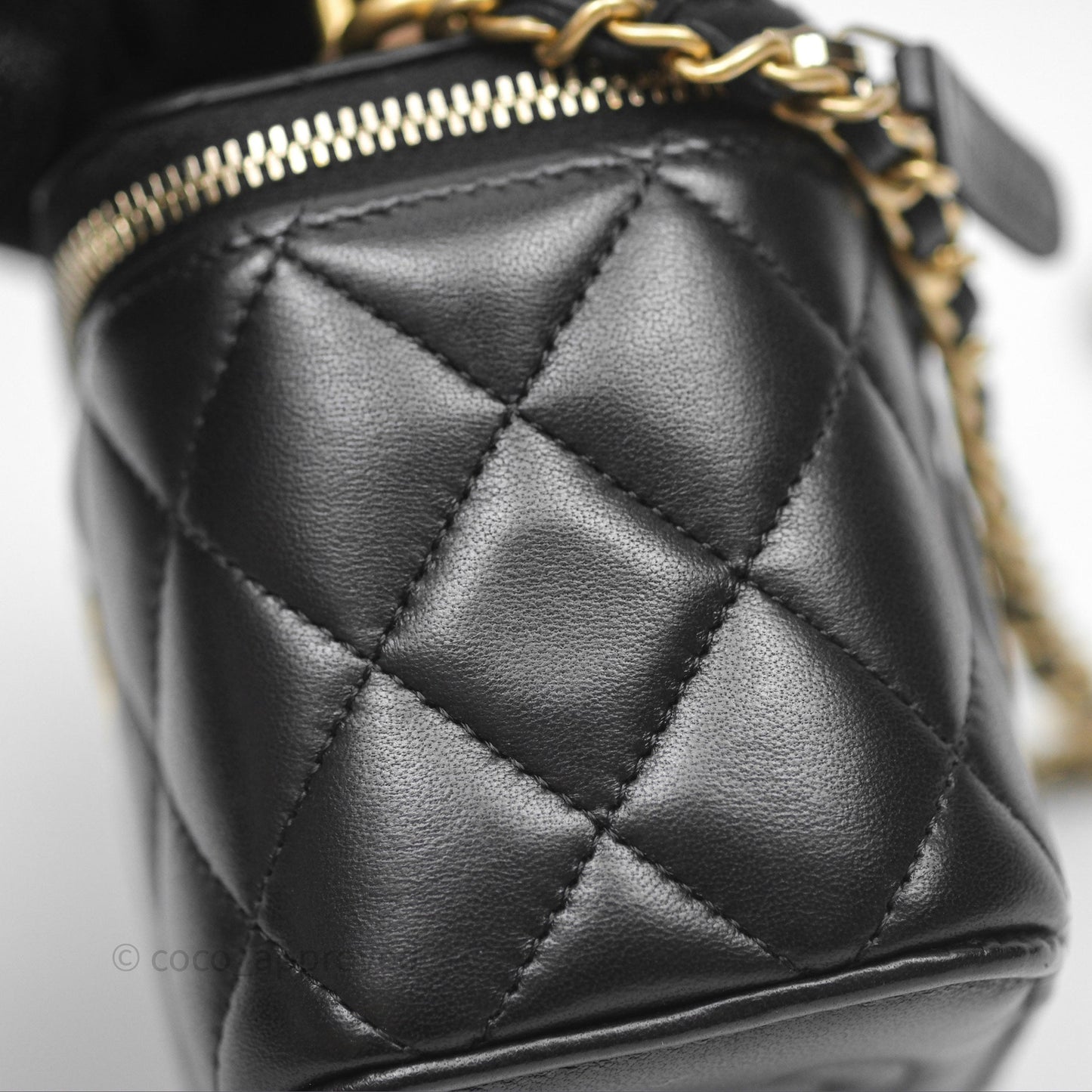 Chanel Mini Metal Top Handle Vanity With Chain Black Lambskin Aged Gold Hardware