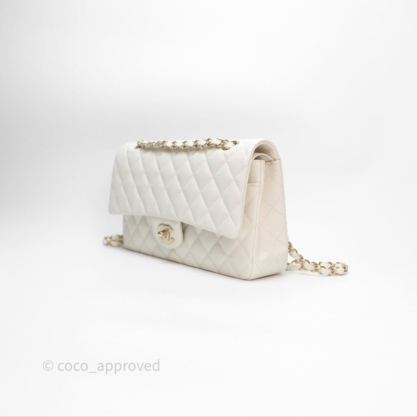 Chanel M/L Medium Classic Flap Quilted White Caviar Gold Hardware