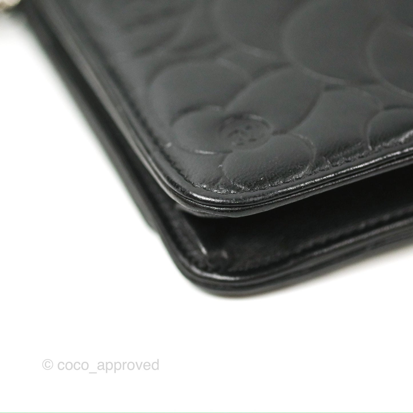 Chanel Camellia Embossed Wallet on Chain WOC Black Lambskin Silver Hardware
