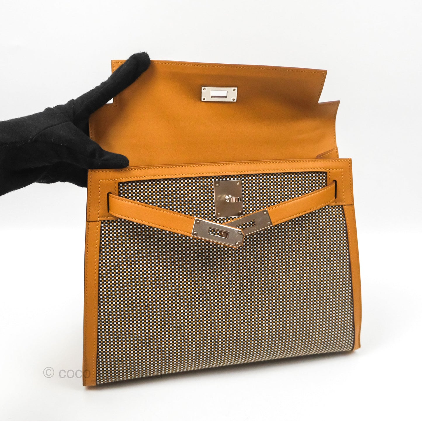 Hermès Kelly Sellier 28 Quadrille Black/White/Desert Sesame Swift