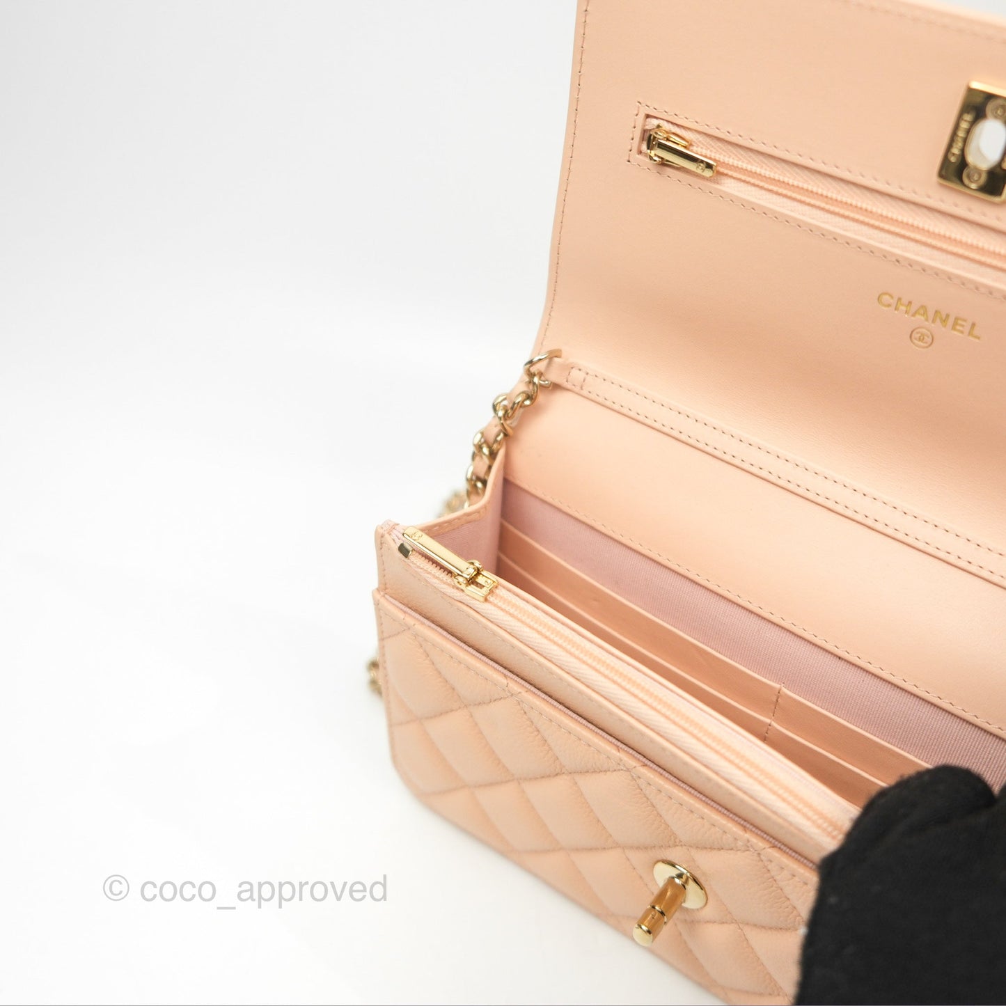 Chanel Quilted Bow Wallet On Chain WOC Light Beige Caviar Gold Hardware