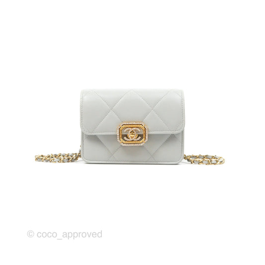 Chanel Crystal CC Mini Cutch with Chain Grey Lambskin Gold Hardware