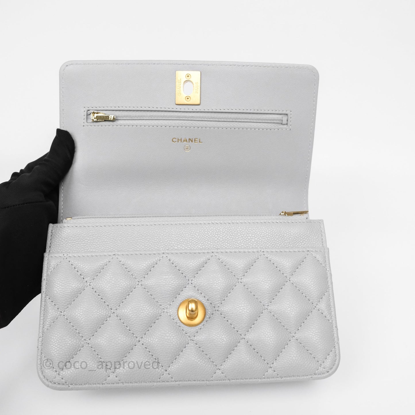 Chanel Heart Adjustable Chain WOC Grey Caviar Aged Gold Hardware