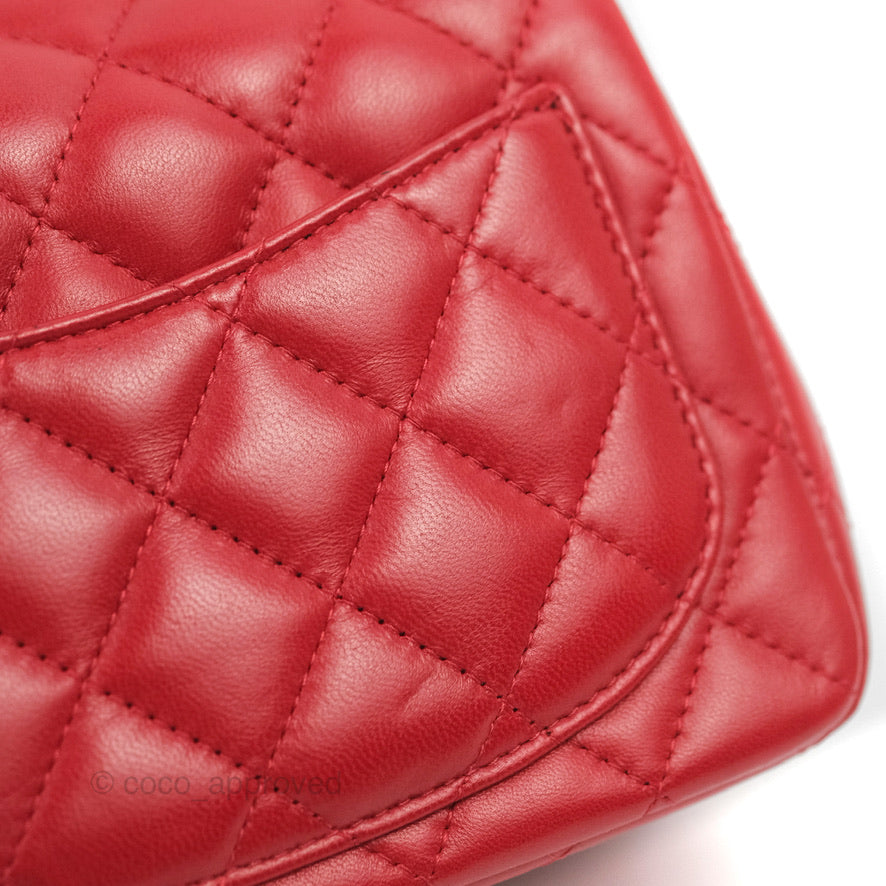 Chanel Quilted Mini Square Red Lambskin Gun Metal