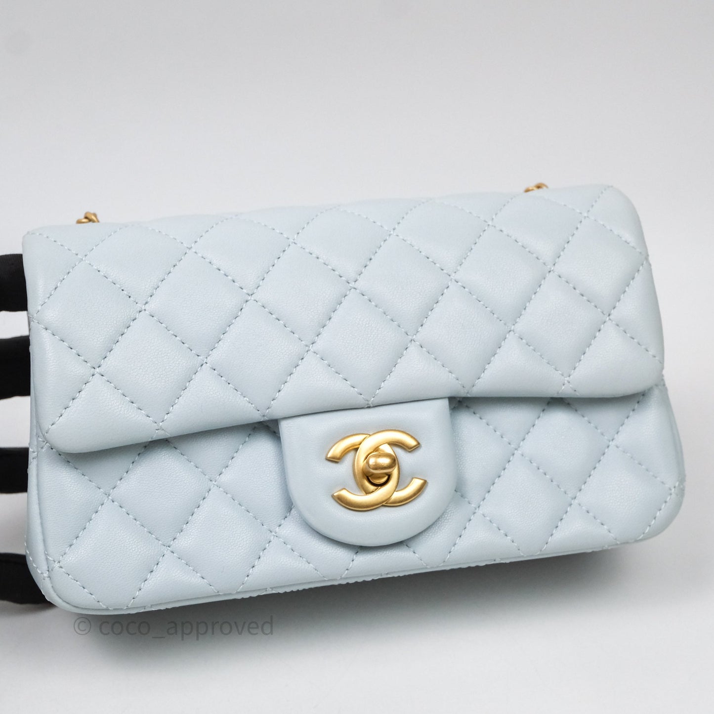 Chanel Pearl Crush Mini Rectangular Light Blue Lambskin Aged Gold Hardware