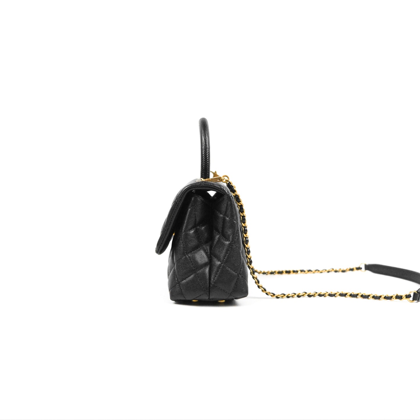 Chanel Small Coco Handle Quilted Black Caviar Aged Gold Hardware Lizard Handle