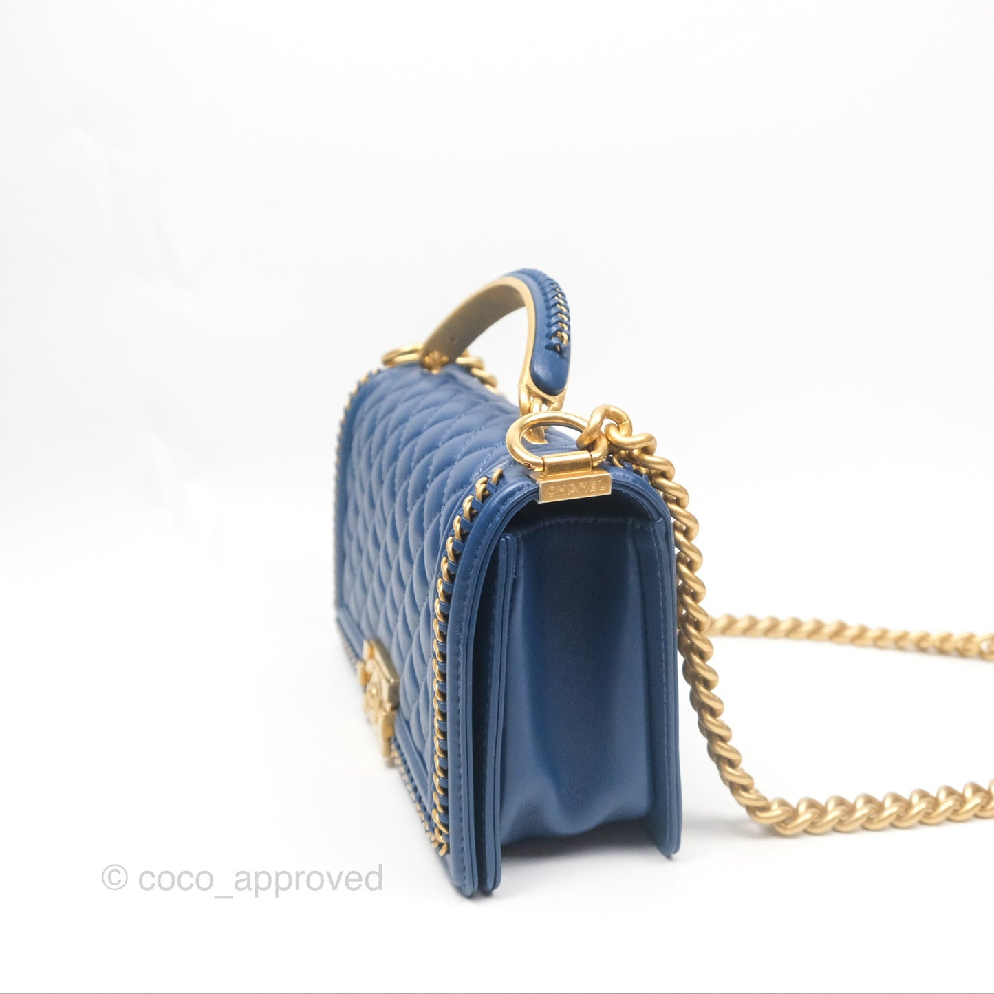 Chanel Quilted Medium Boy With Handle Dark Blue Calfskin Aged Gold Hardware