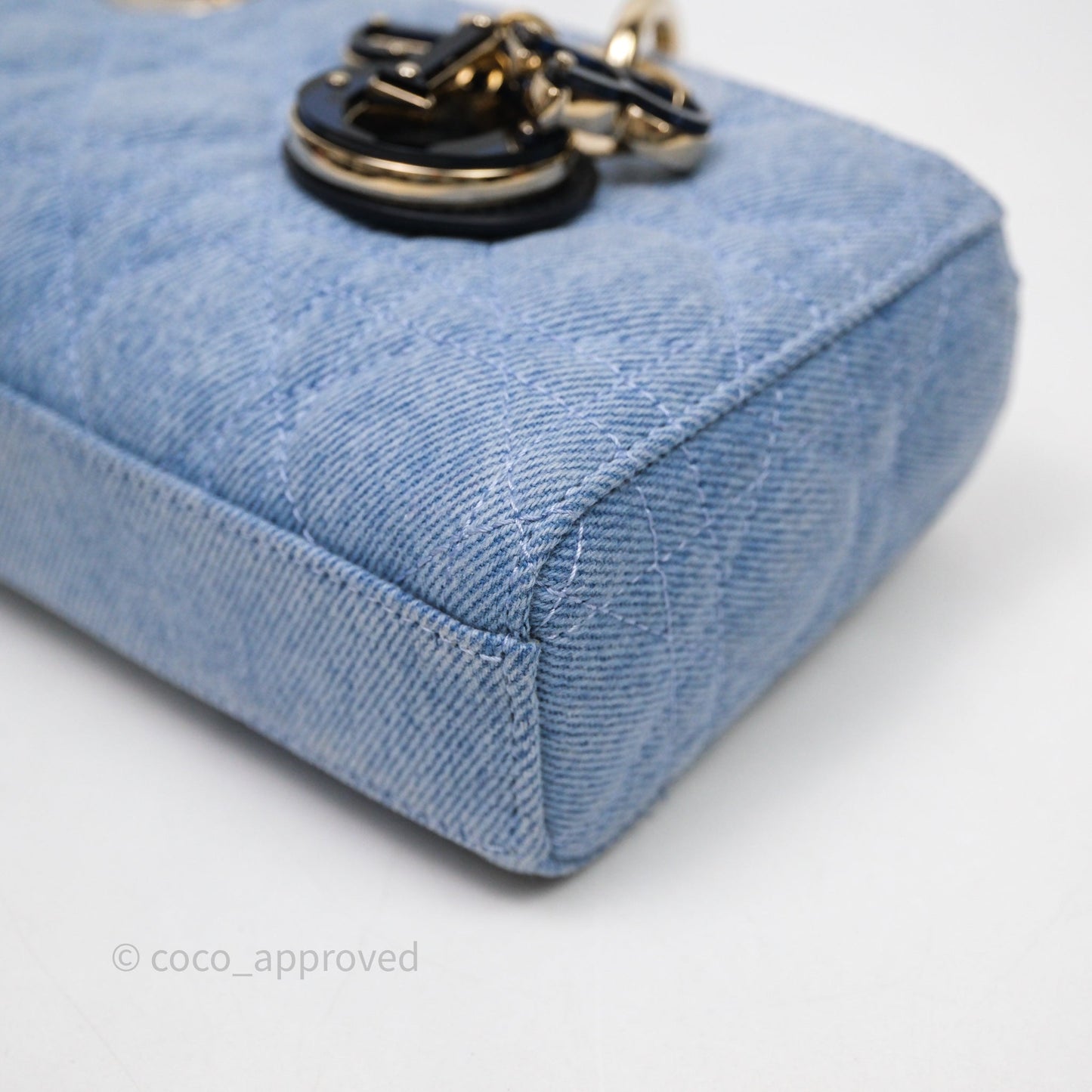 Christian Dior Small Lady D-Joy Bag Washed Blue Denim Cannage Gold Hardware