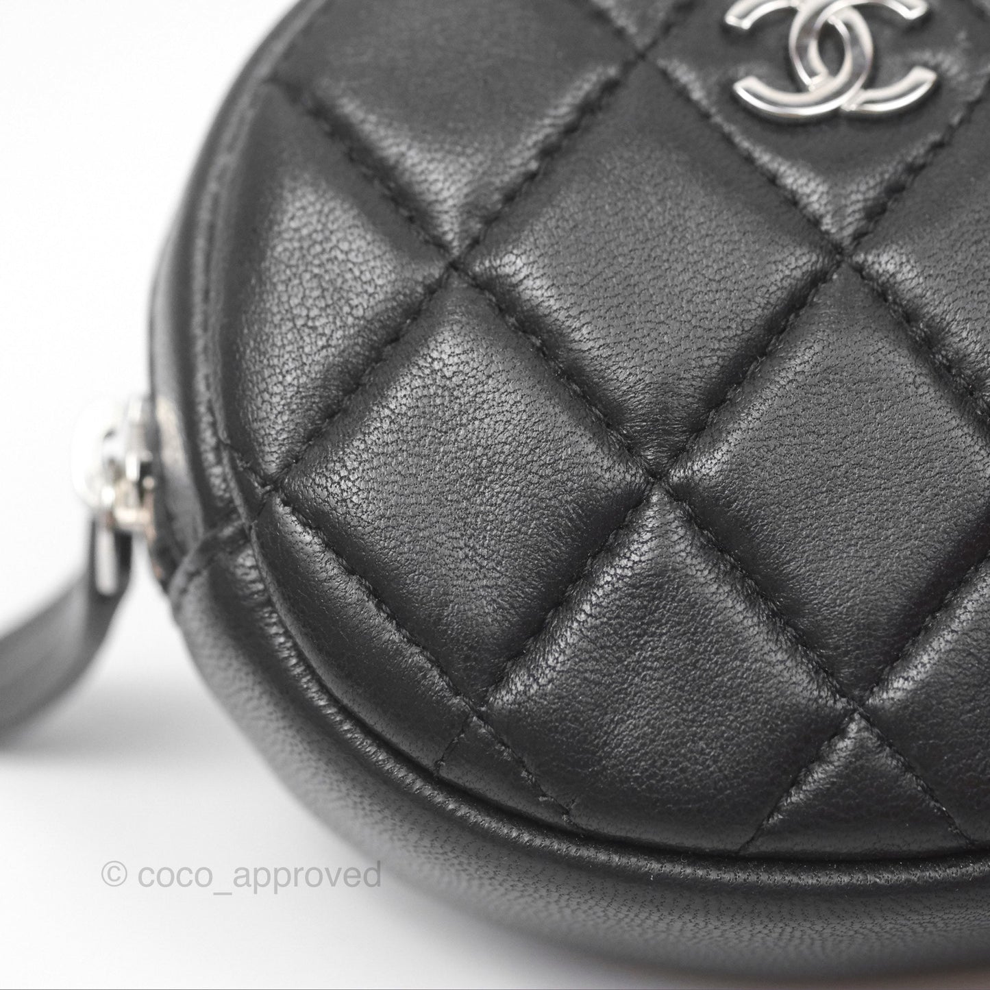 Chanel Quilted CC Round Coin Purse Black Lambskin Silver Hardware