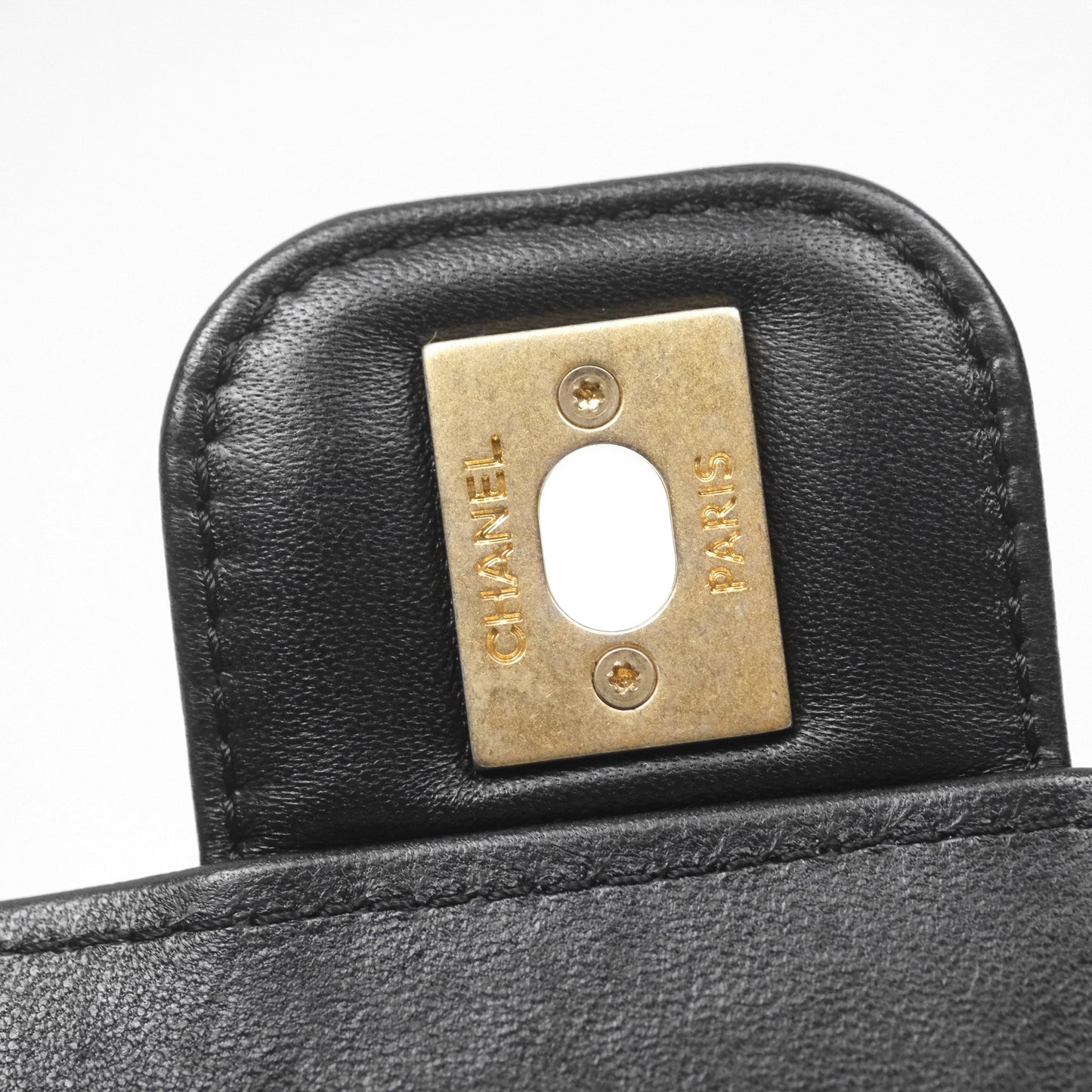 Chanel Flap Bag with Logo Enamel Chain Black Lambskin 22B