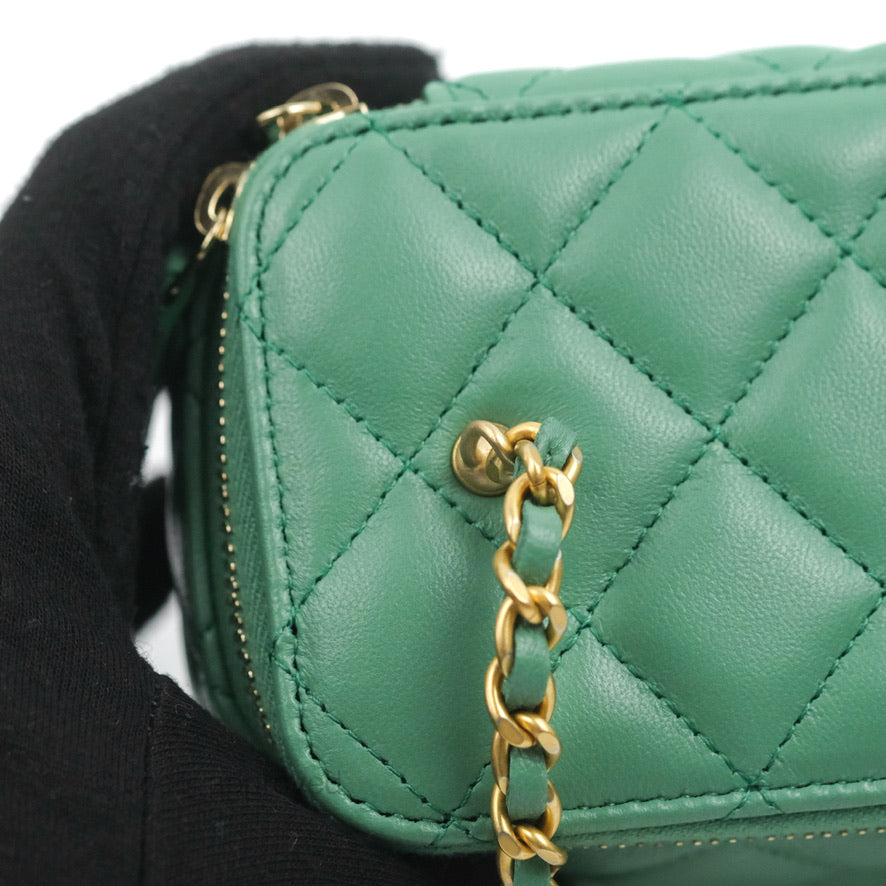 Chanel Vanity with Pearl Crush Chain Green Lambskin Aged Gold Hardware