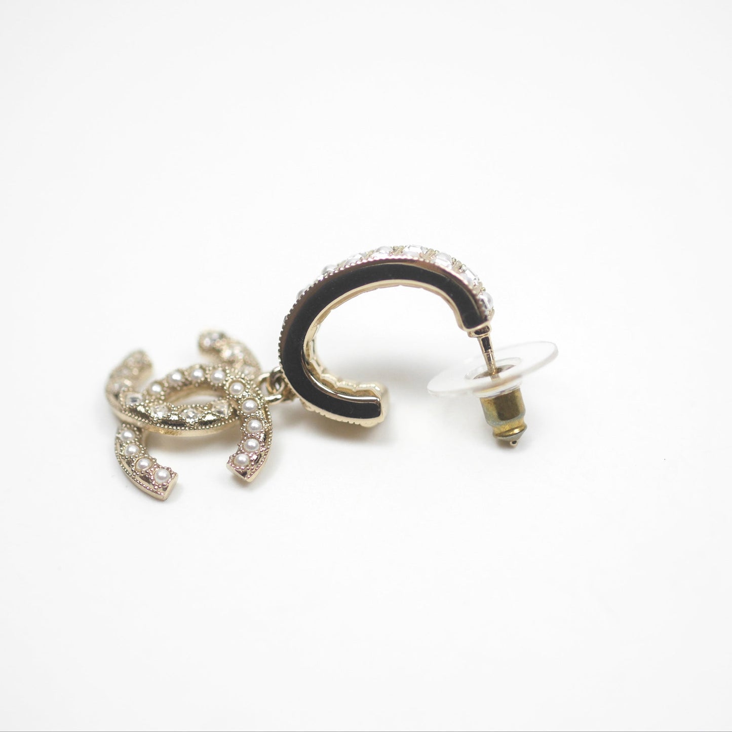 Chanel Crystal Pearl CC Hoop Earrings Gold Tone 21K