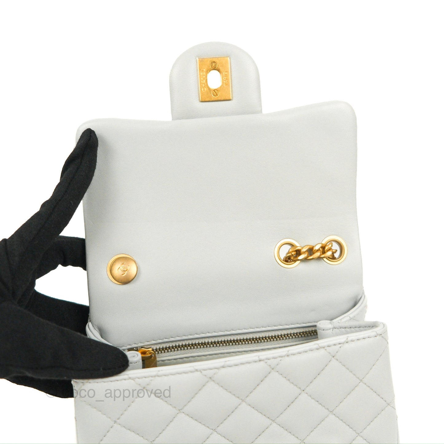 Chanel Quilted Mini Square Flap with Camellia Adjustable Chain Blue Clair Lambskin 23S