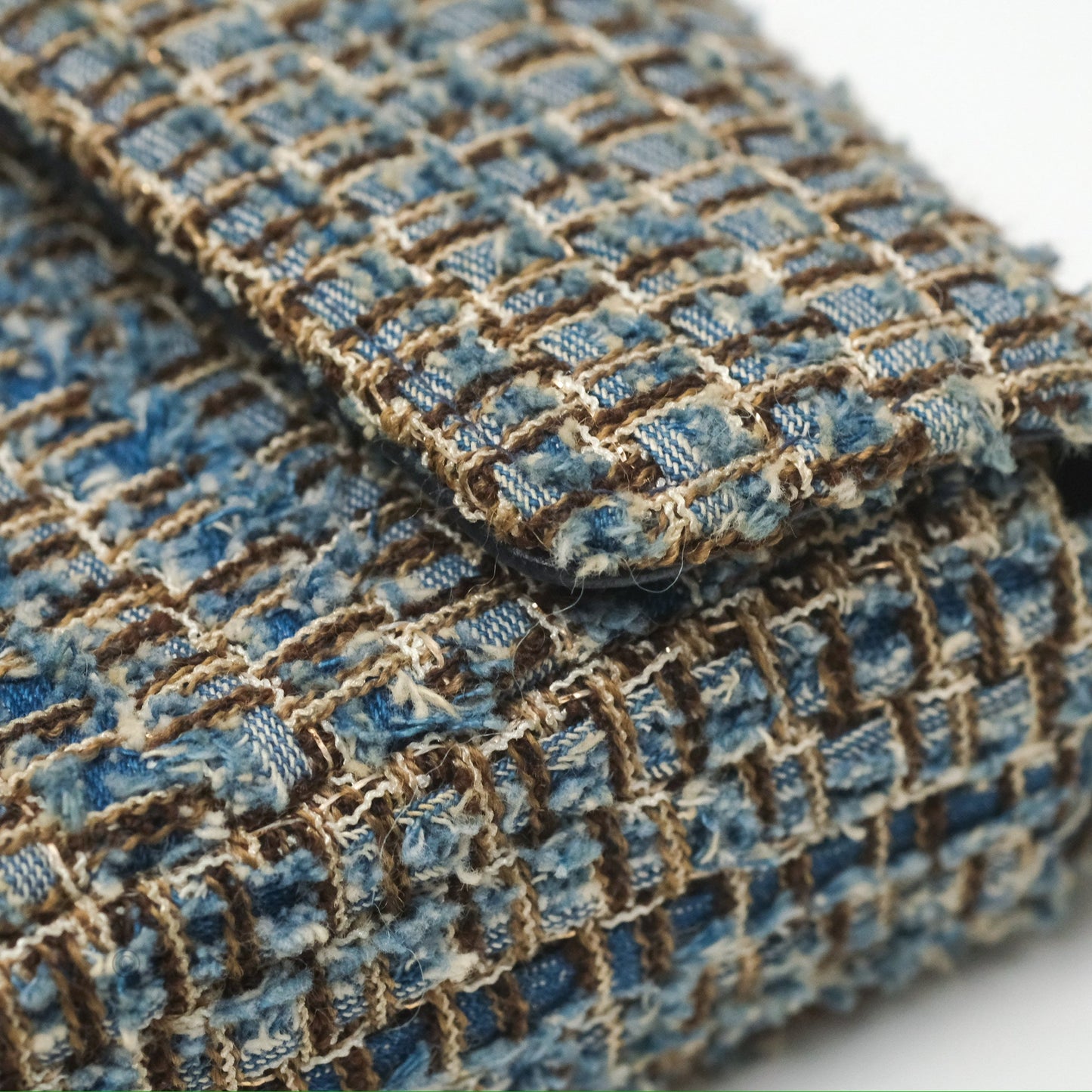 Chanel East West Chocolate Bar Flap Bag Grey Blue Tweed 24K Gold Hardware