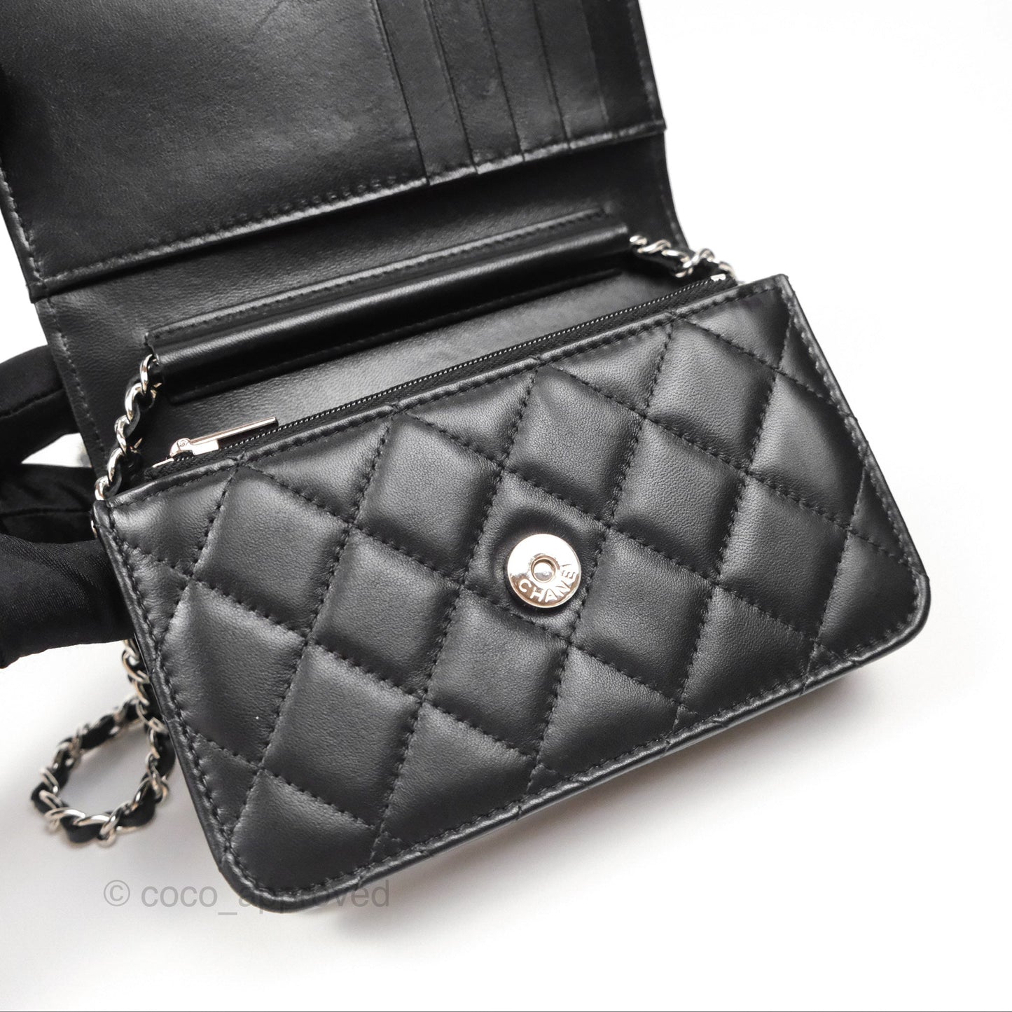 Chanel Quilted Mini Wallet on Chain WOC Black Lambskin Silver Hardware