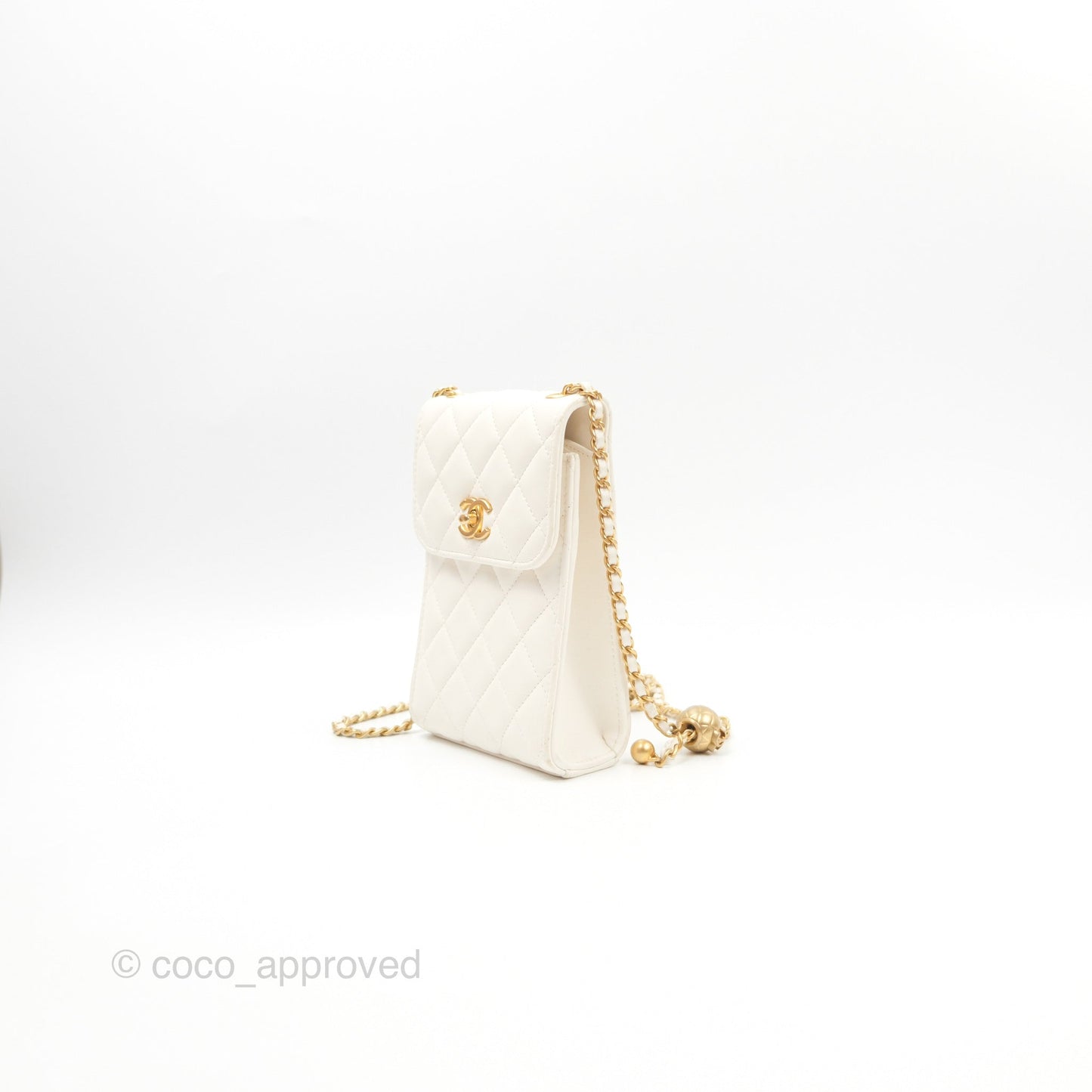 Chanel Quilted Pearl Crush Phone Holder With Chain White Lambskin