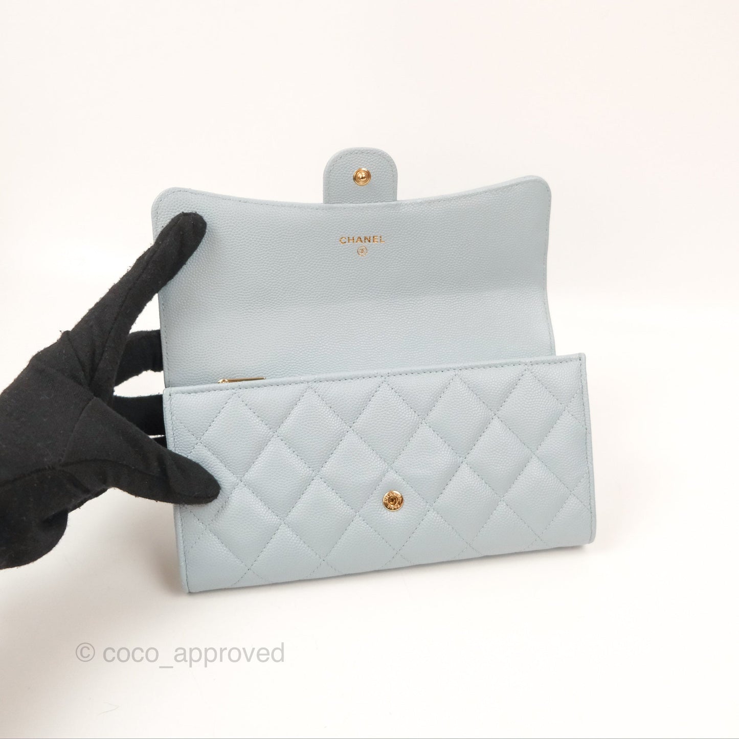 Chanel Classic Quilted Flap Long Wallet Light Blue Caviar Gold Hardware