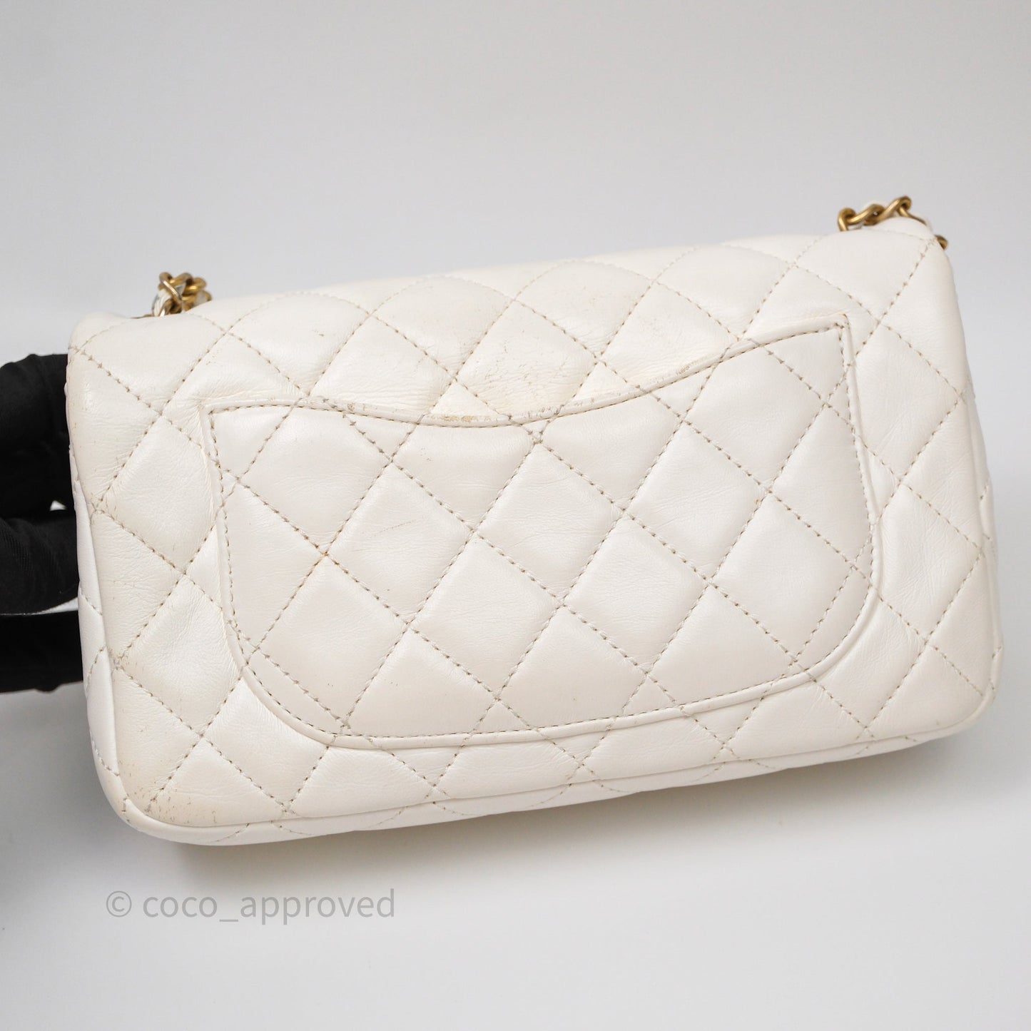 Chanel Mini Rectangular Pearl Crush Quilted White Lambskin Aged Gold Hardware