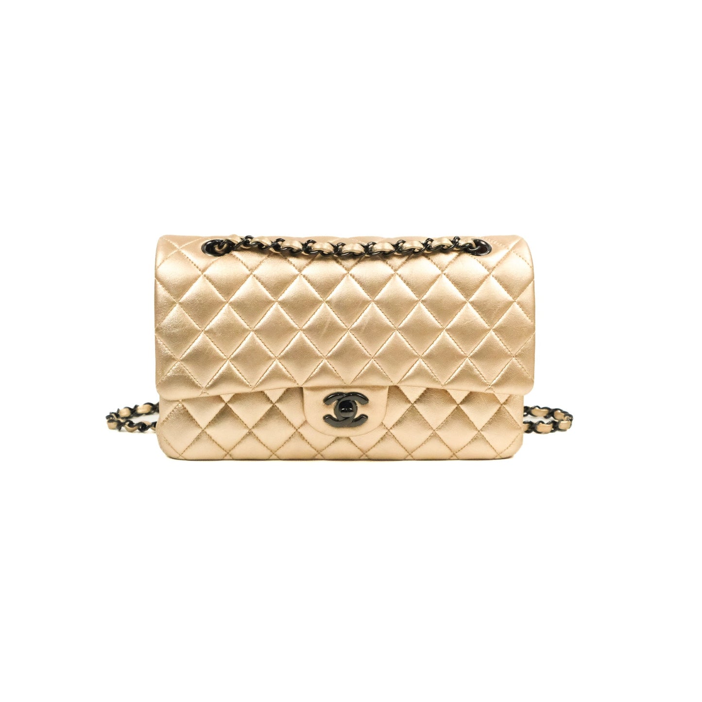 Chanel Classic M/L Medium Flap Quilted Metallic Gold Lambskin Gun Metal