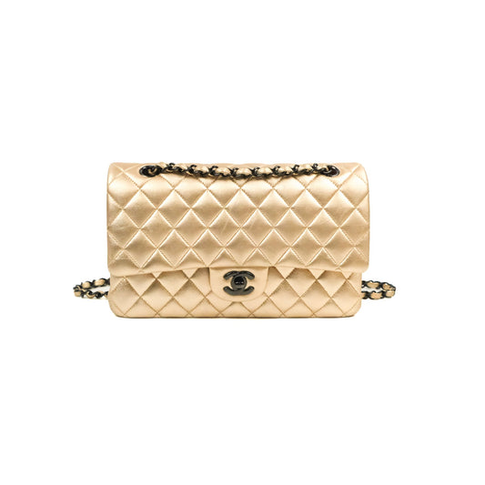Chanel Classic M/L Medium Flap Quilted Metallic Gold Lambskin Gun Metal