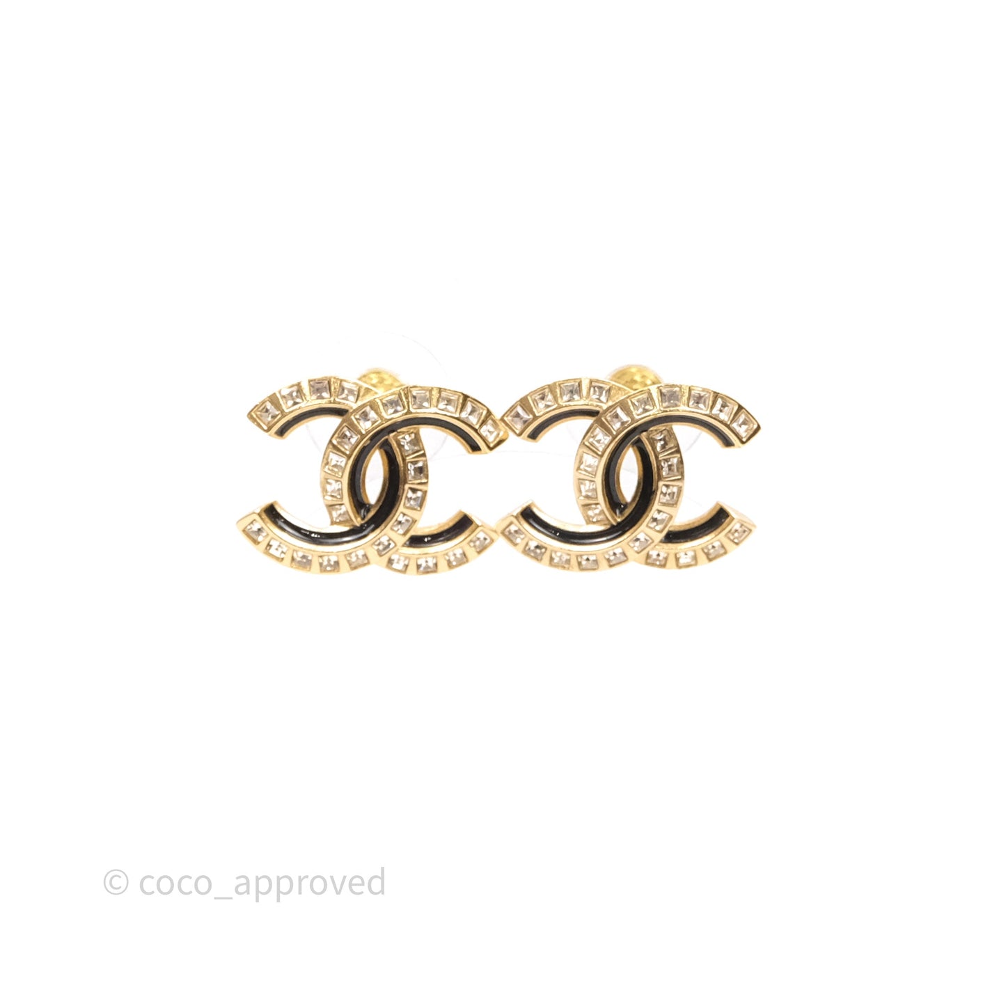 Chanel Crystal CC Resin Black Earrings Gold Tone 24C