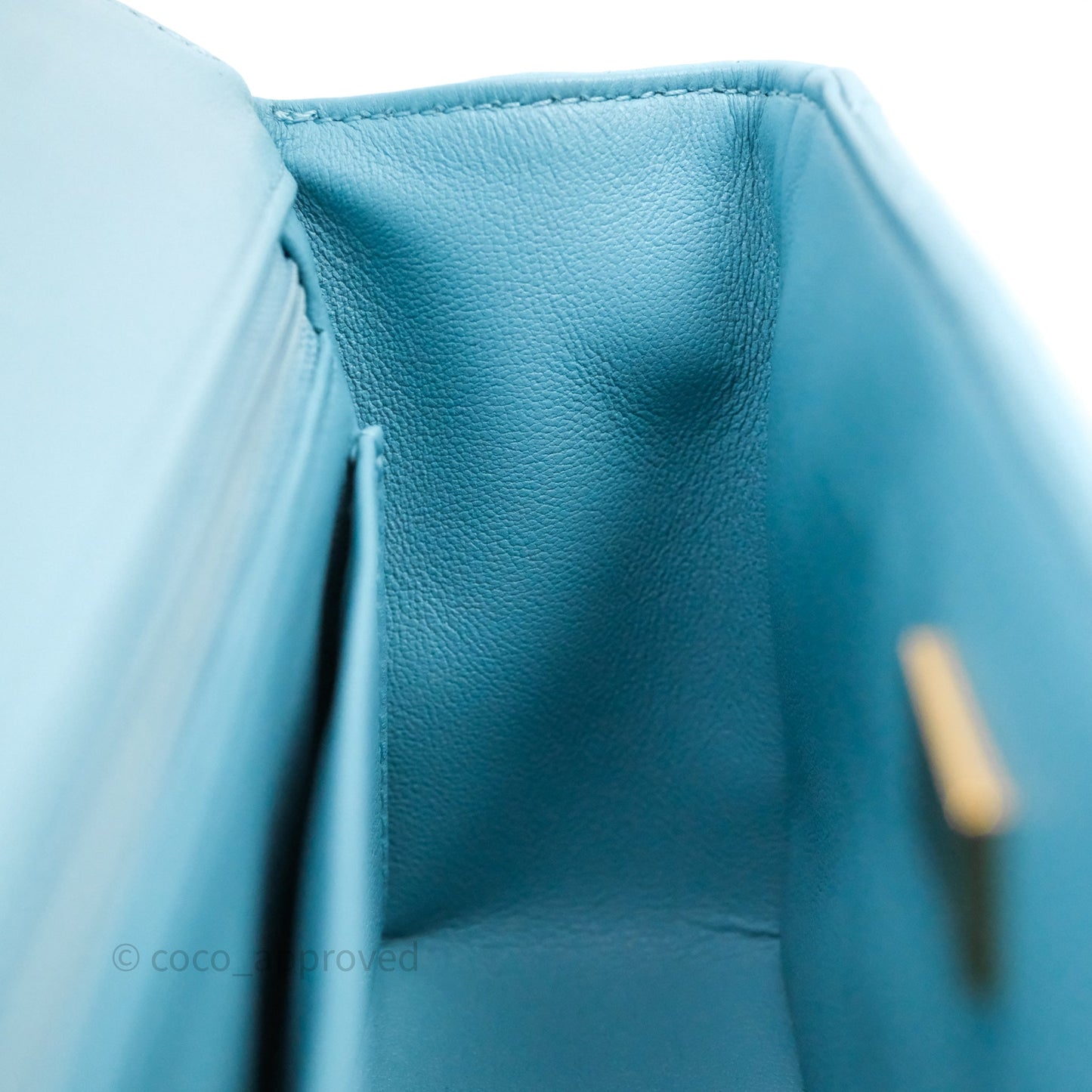 Chanel Flap Bag with Crystal Logo Top Handle Tiffany Blue Lambskin Aged Gold Hardware
