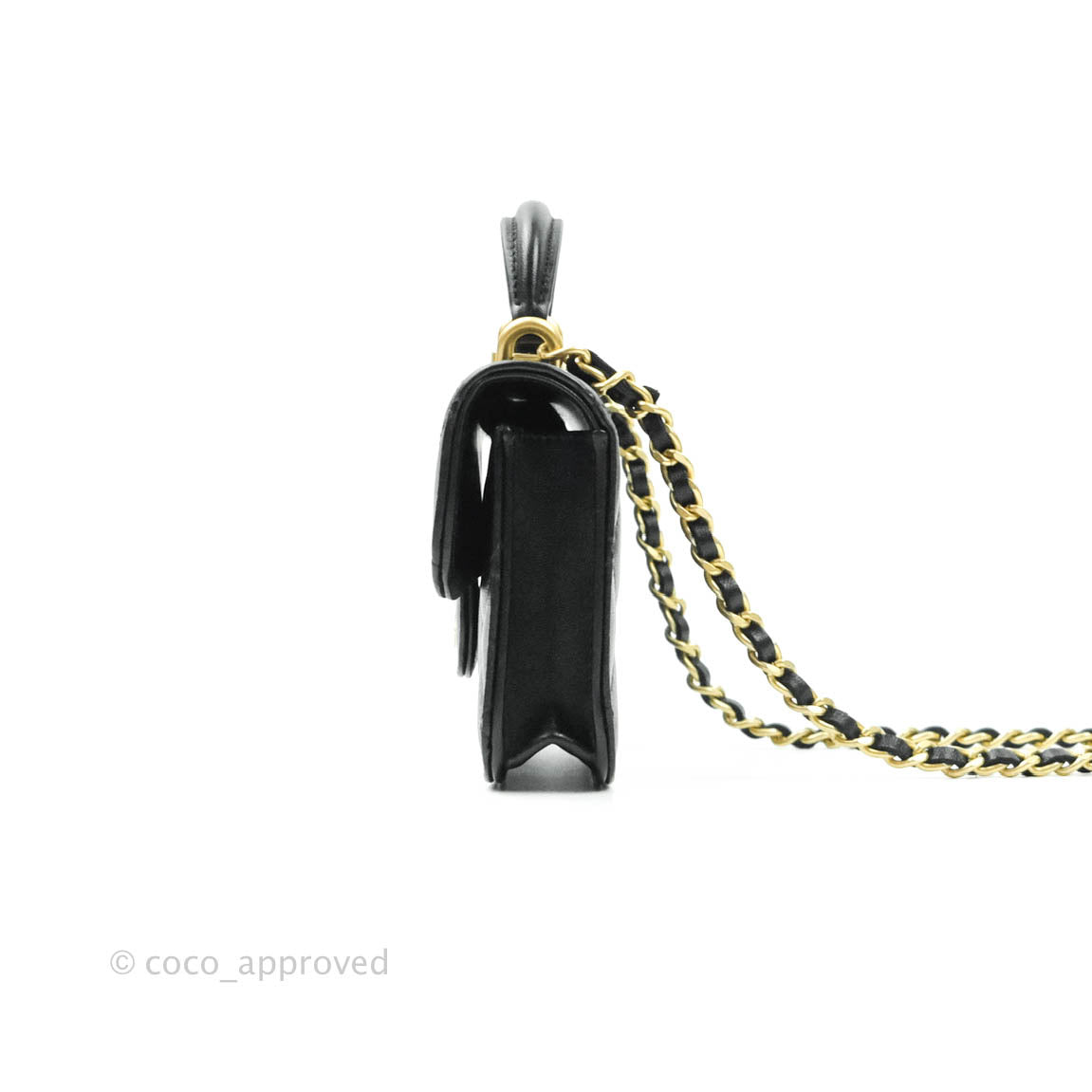 Chanel Mini Handle Flap Coin Purse With Chain Black Lambskin Gold Hardware