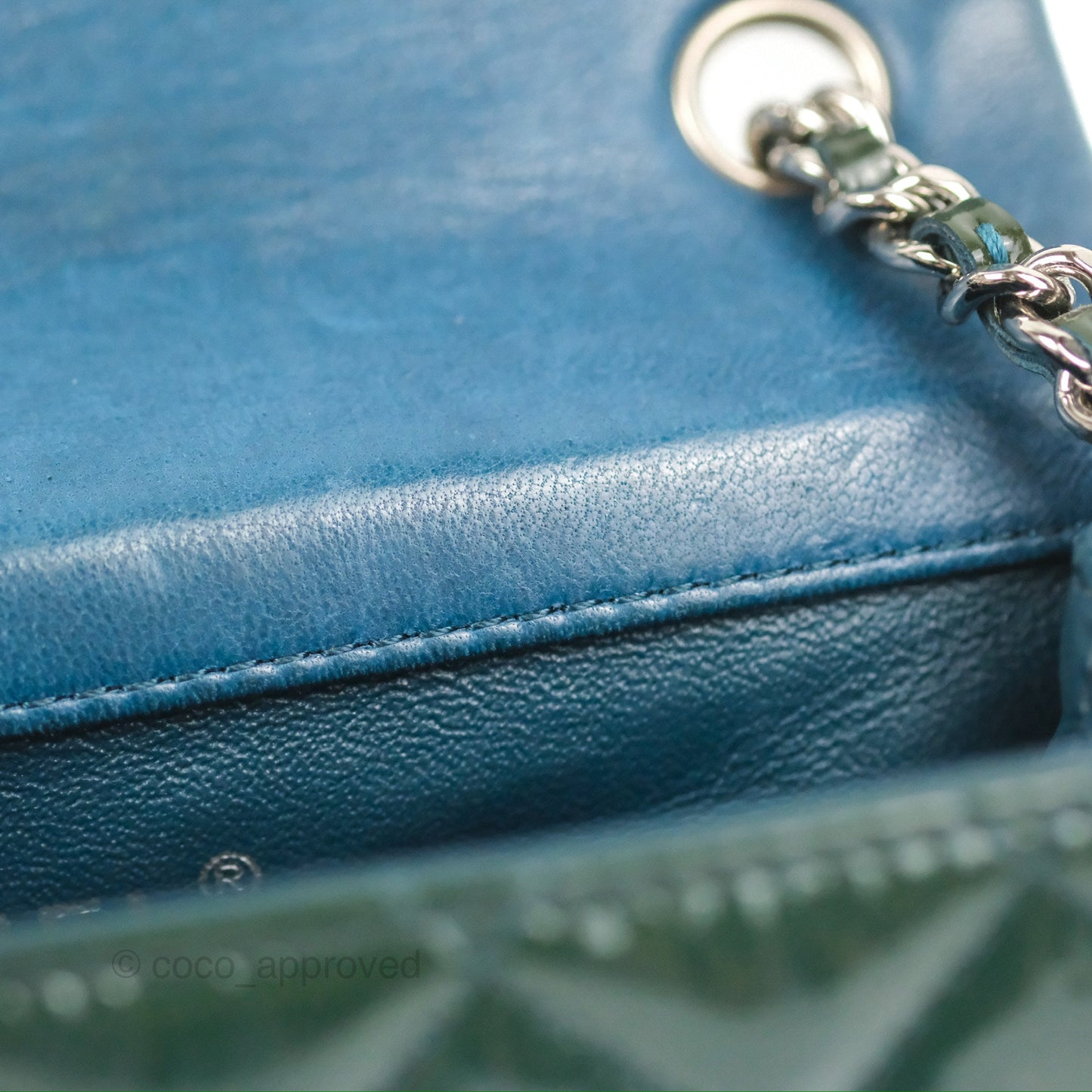 Chanel Quilted Extra Mini Rectangular Flap Teal Patent Silver Hardware