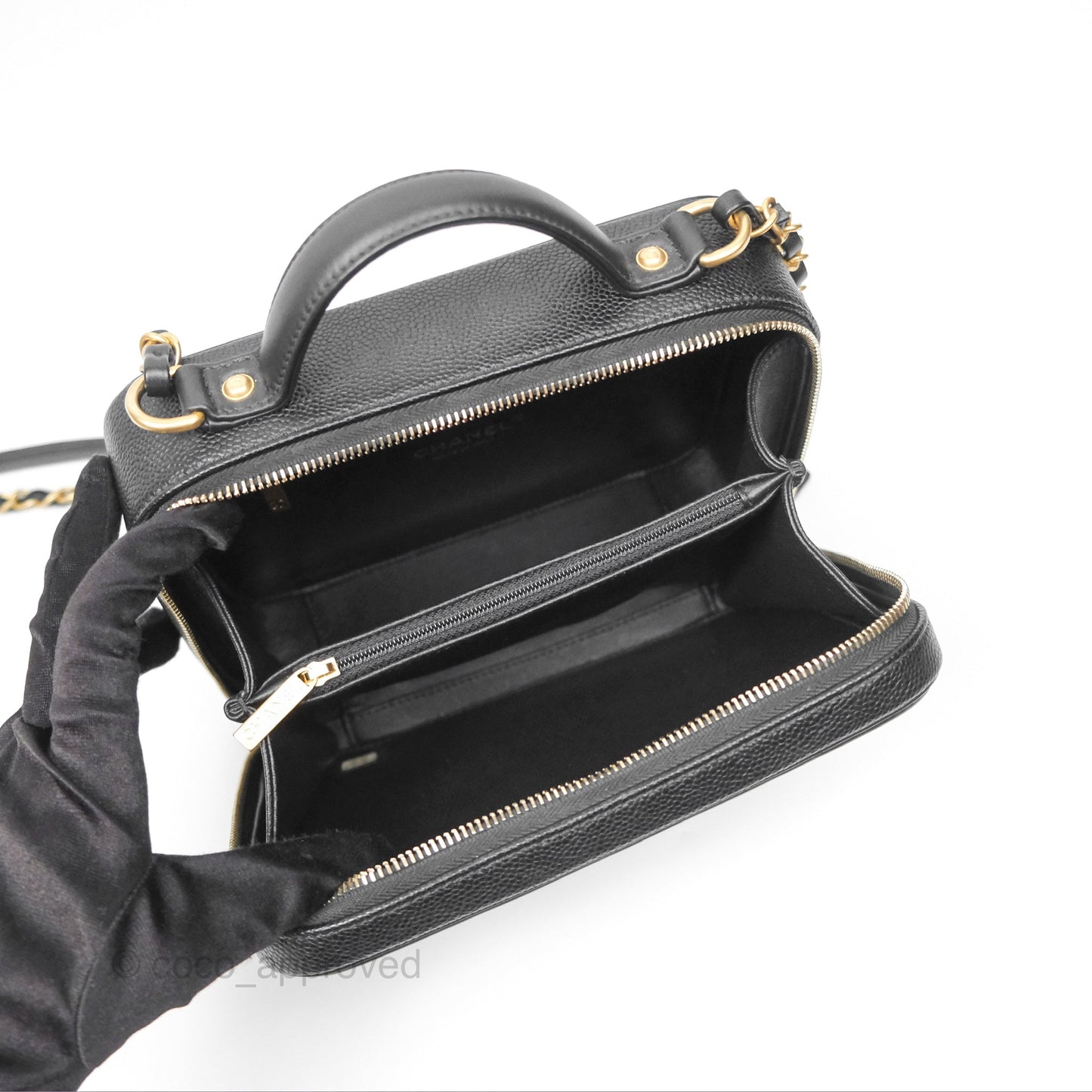 Chanel Quilted Medium CC Filigree Vanity Case Black Caviar Aged Gold Hardware