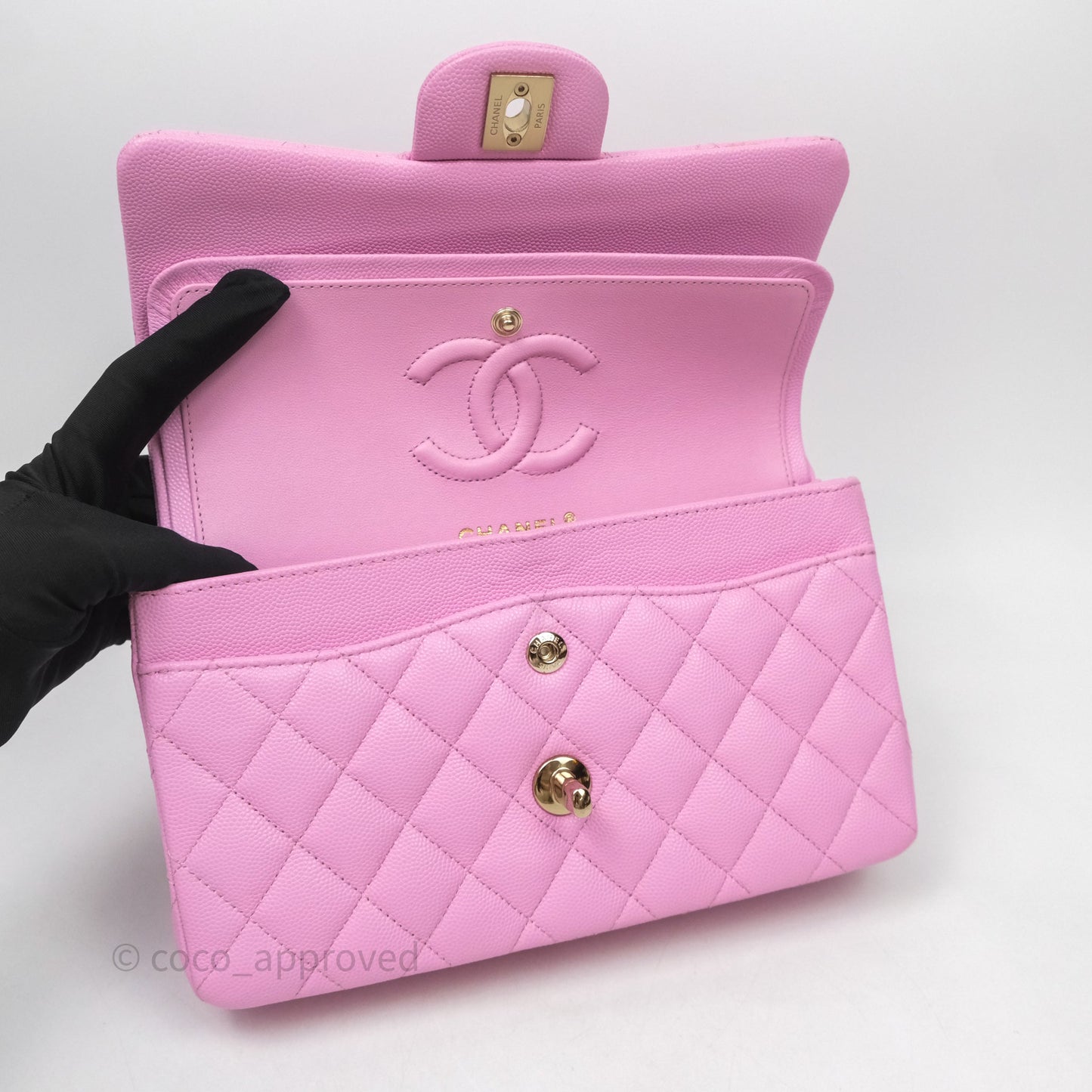 Chanel Small Classic Flap Quilted Pink Caviar Gold Hardware