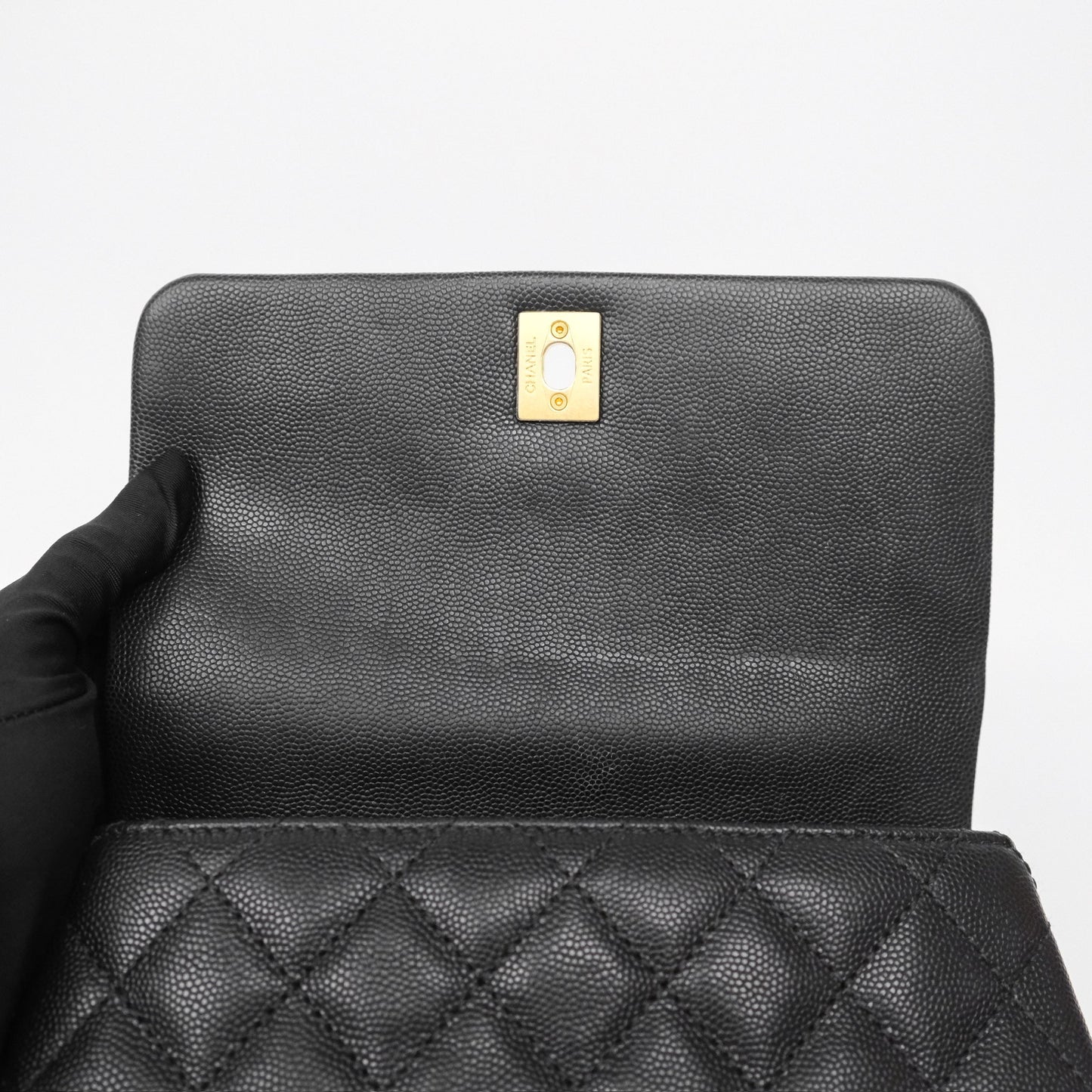 Chanel Small Coco Handle Black Caviar Gold Hardware Lizard Embossed Handle